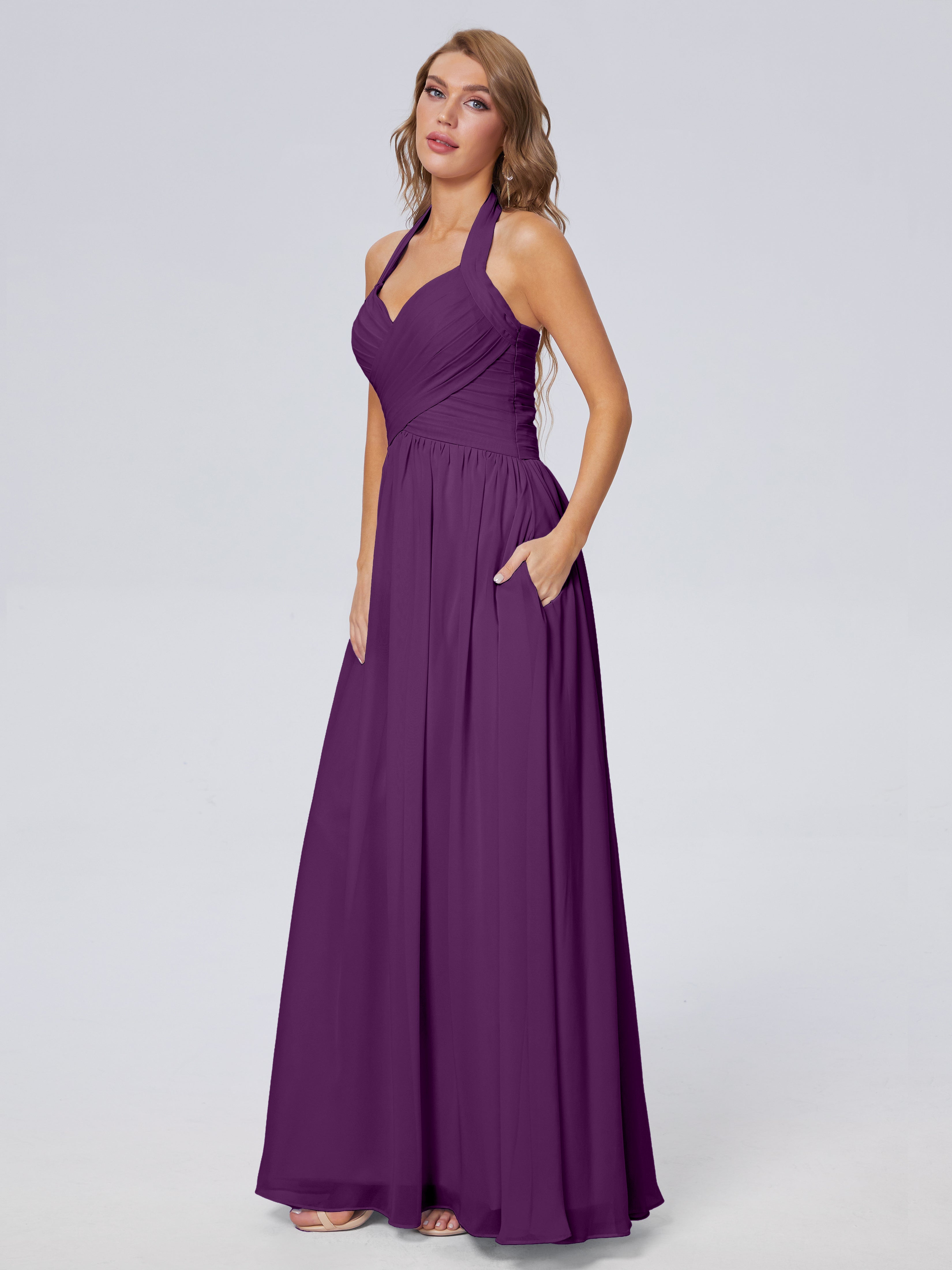 Robes De Demoiselle D'Honneur En Raisin Superbe Licou Mousseline Robes Demoiselle D'Honneur