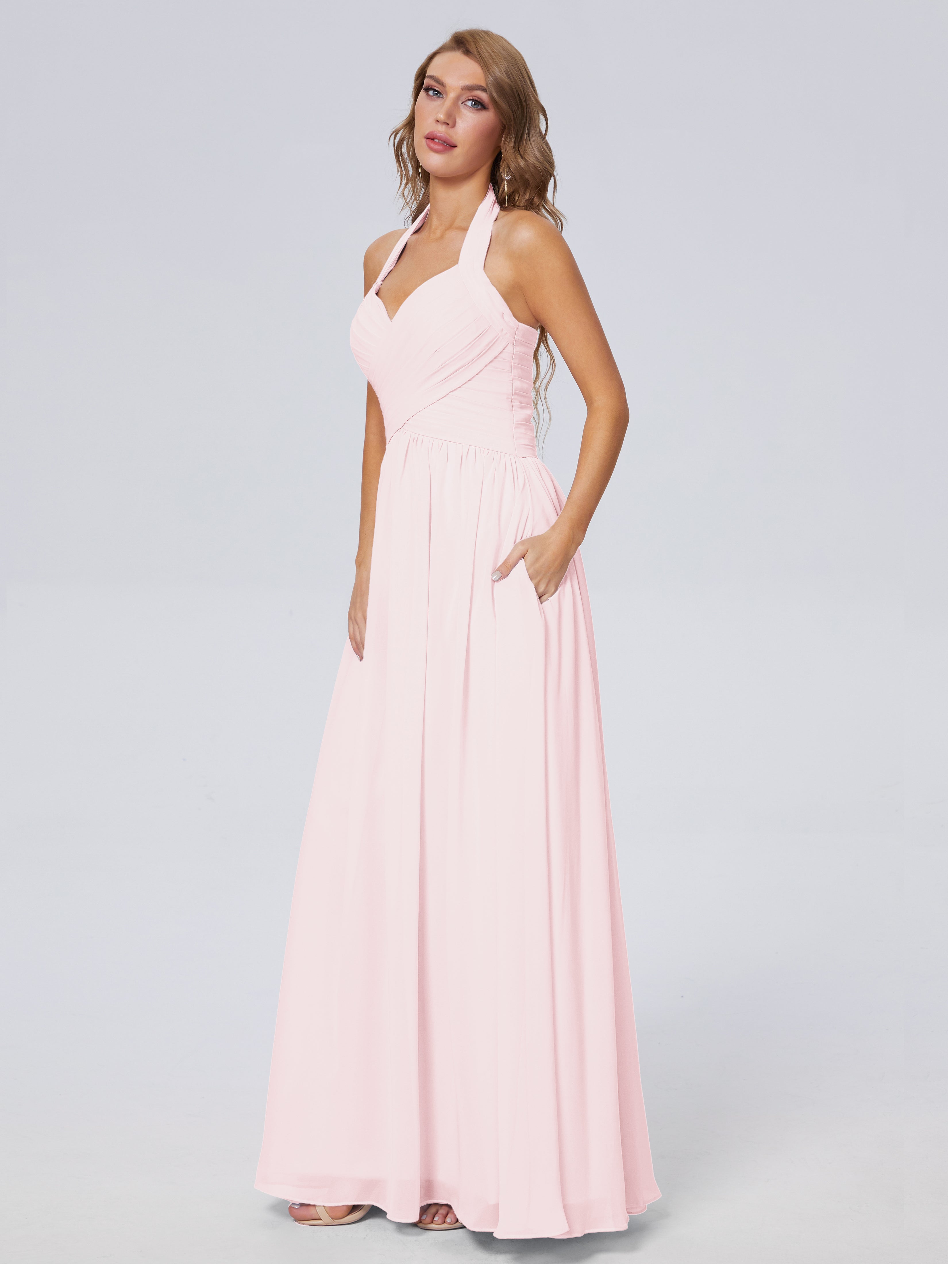 Robe De Demoiselle D Honneur Rose Pale Superbe Licou Mousseline Robes Demoiselle D'Honneur