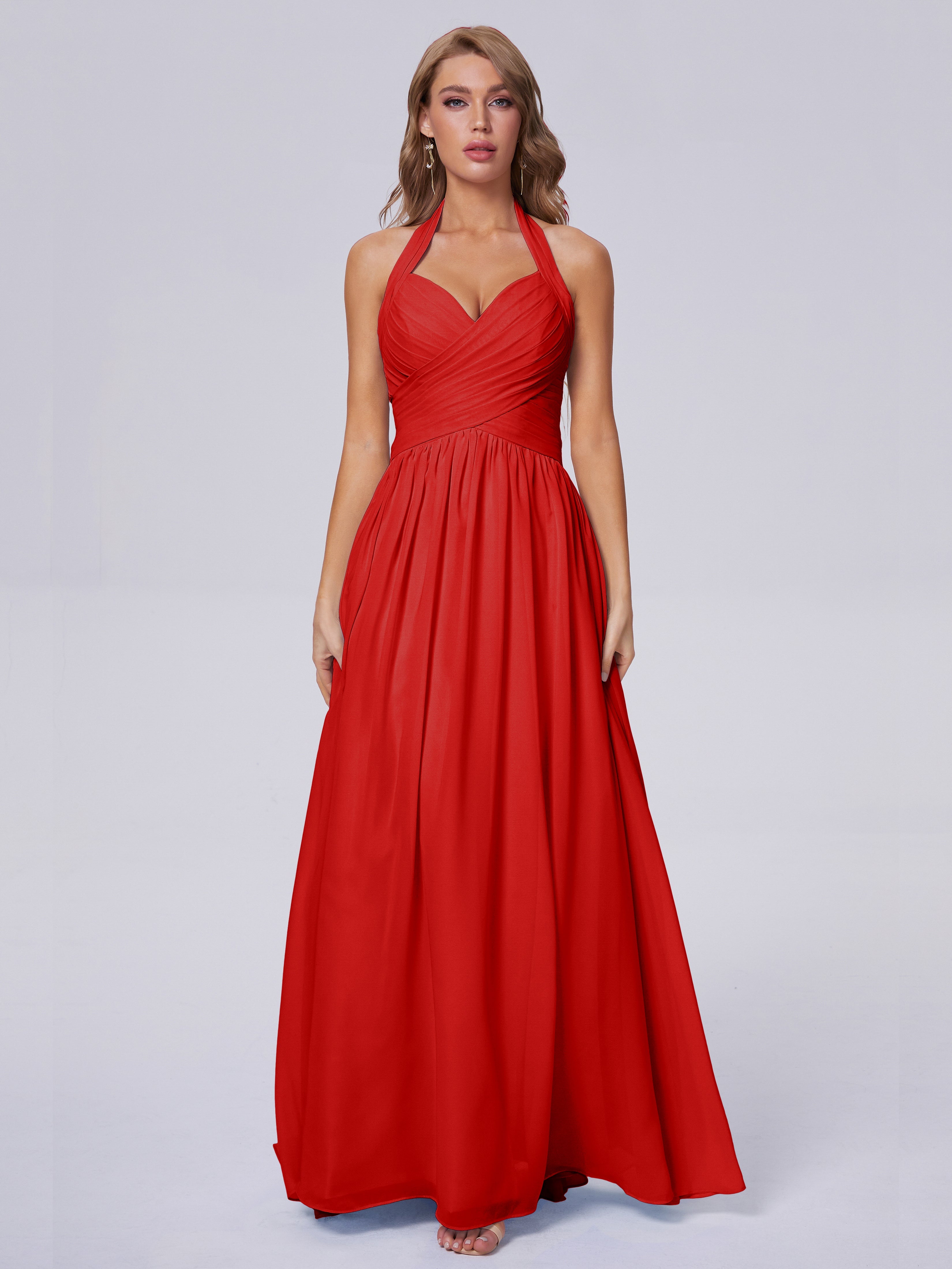 Robe De Demoiselle D'Honneur Rouge Superbe Licou Mousseline Robes Demoiselle D'Honneur