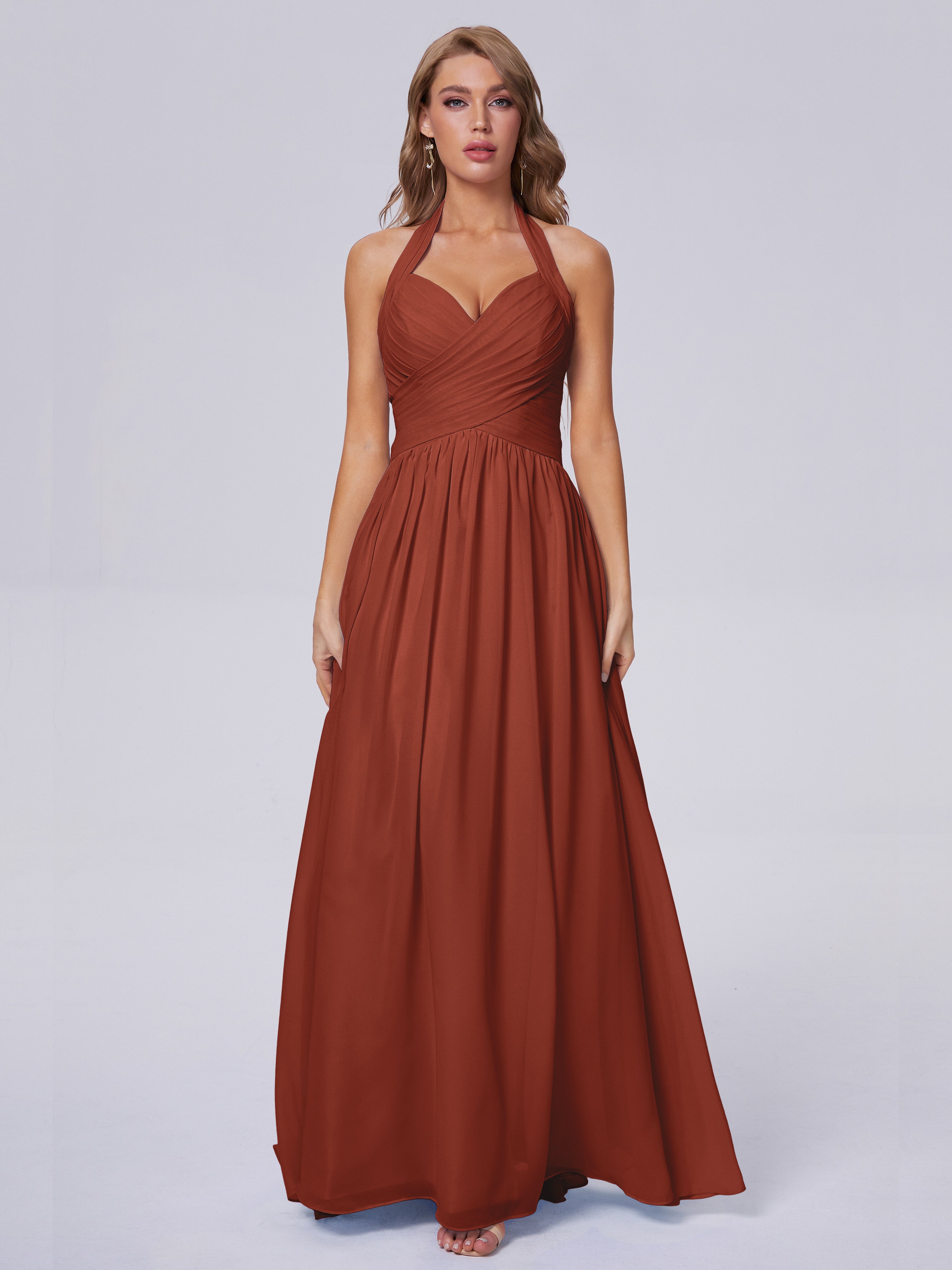 Longues Robes De Demoiselle D'Honneur De Rouille Superbe Licou Mousseline Robes Demoiselle D'Honneur
