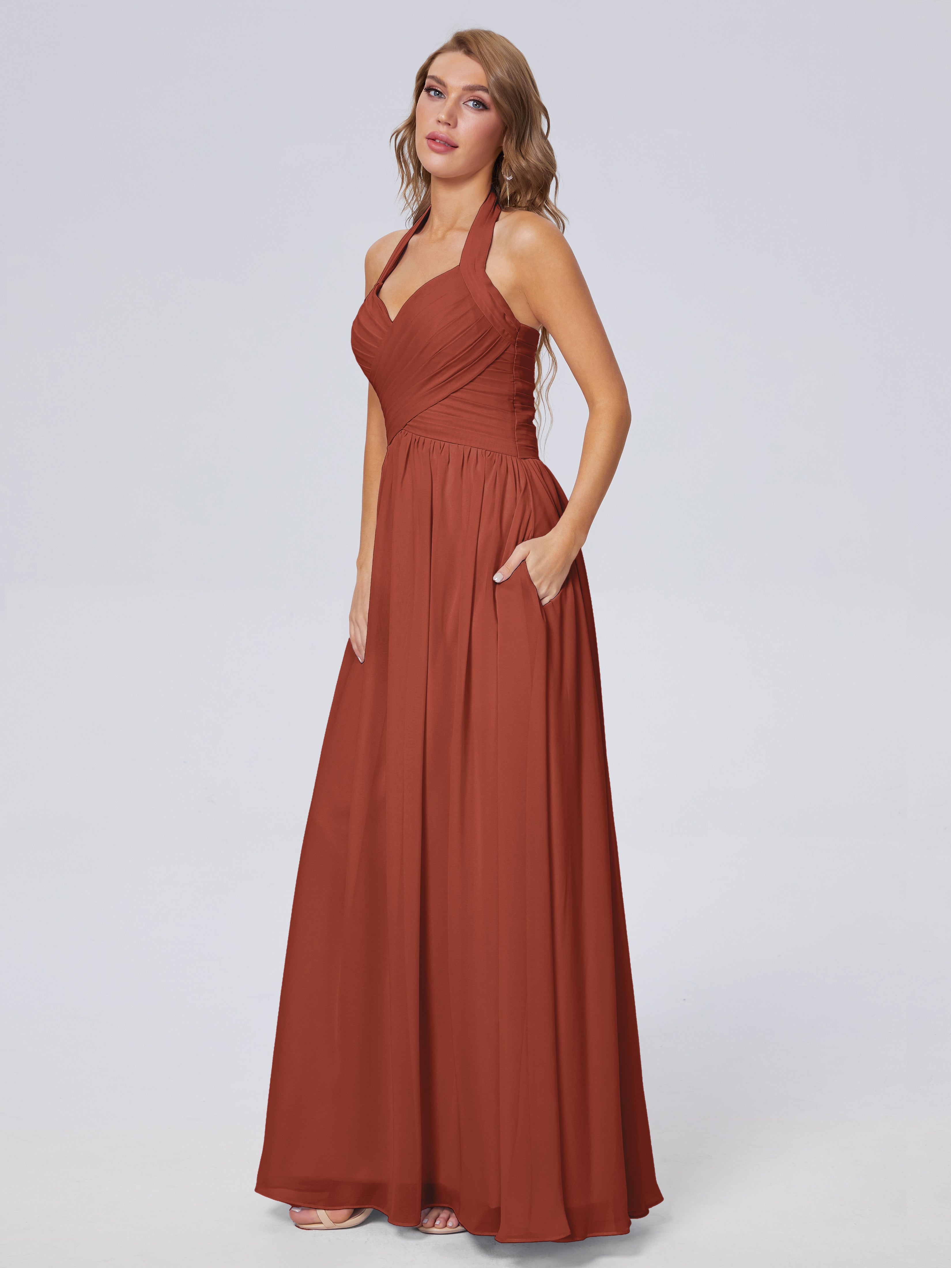 Longues Robes De Demoiselle D'Honneur De Rouille Superbe Licou Mousseline Robes Demoiselle D'Honneur