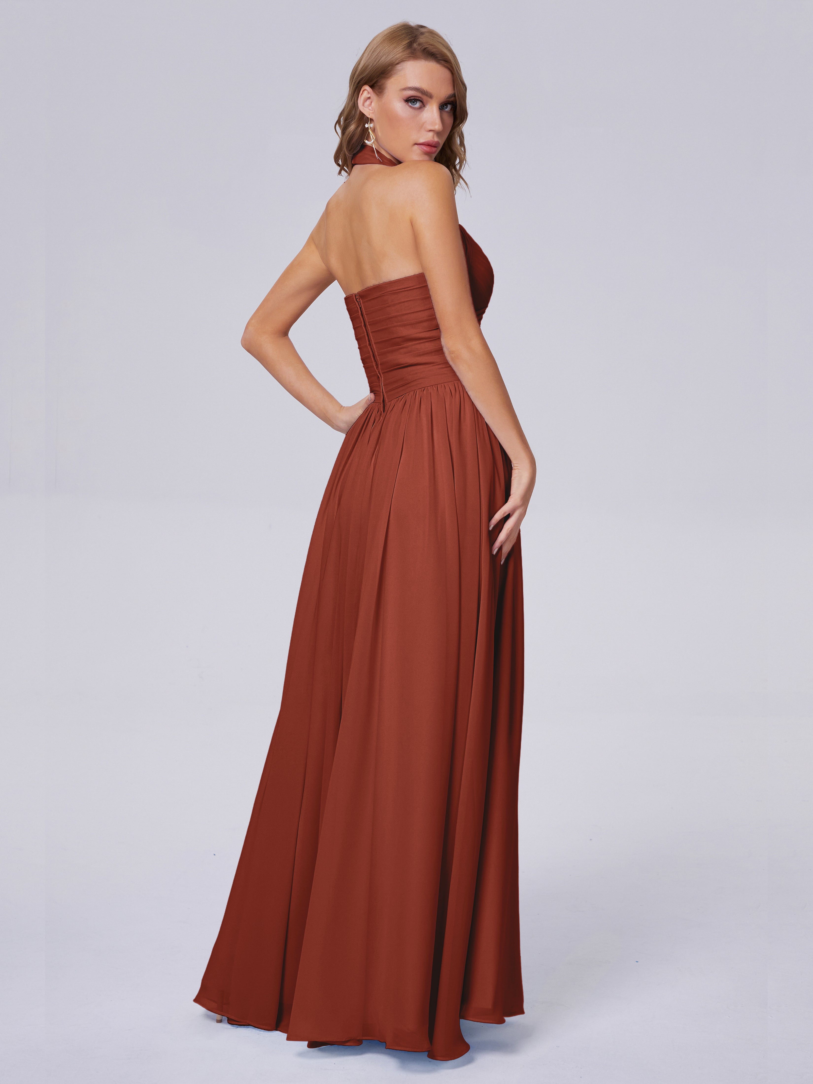 Longues Robes De Demoiselle D'Honneur De Rouille Superbe Licou Mousseline Robes Demoiselle D'Honneur