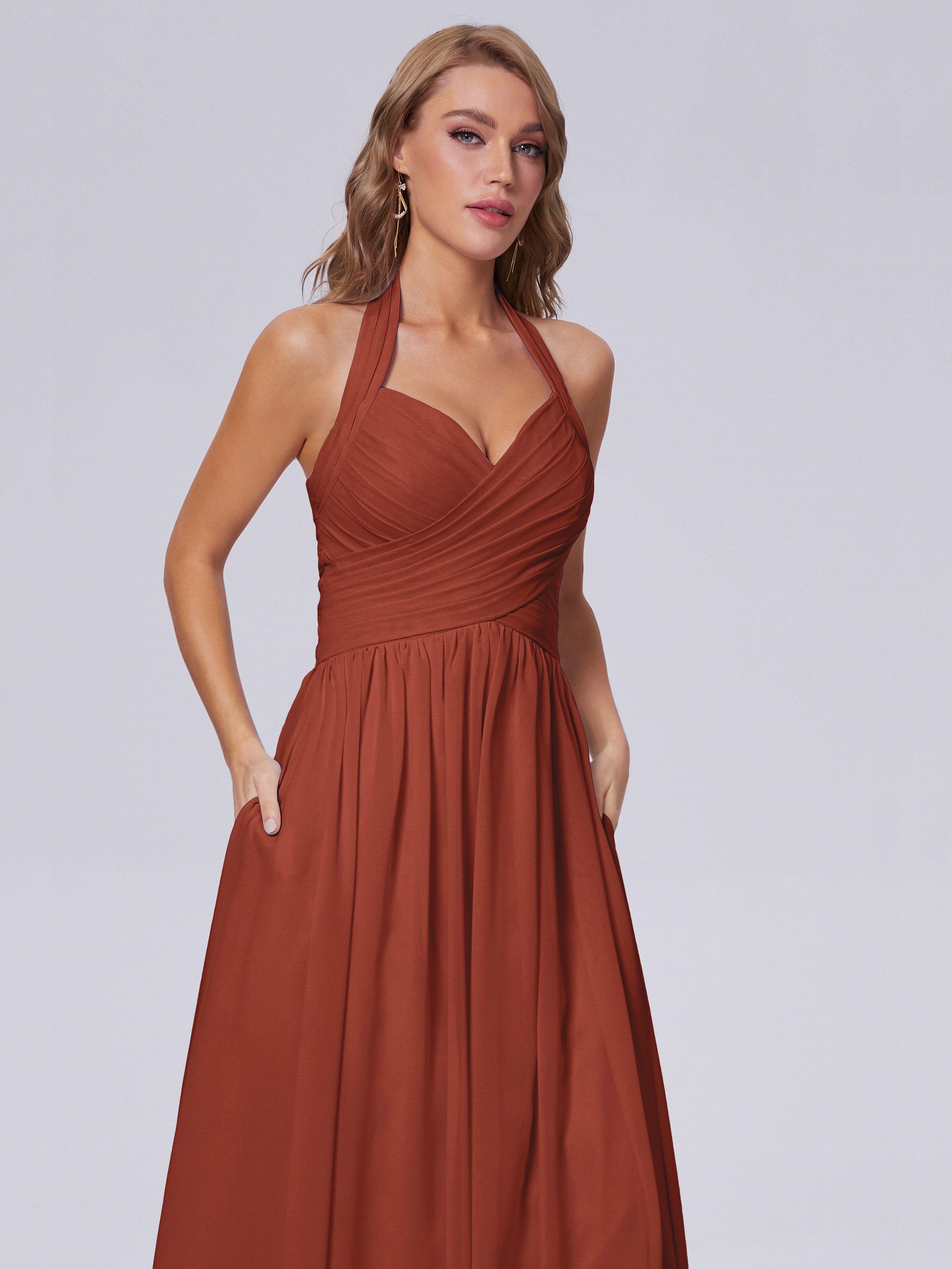 Longues Robes De Demoiselle D'Honneur De Rouille Superbe Licou Mousseline Robes Demoiselle D'Honneur