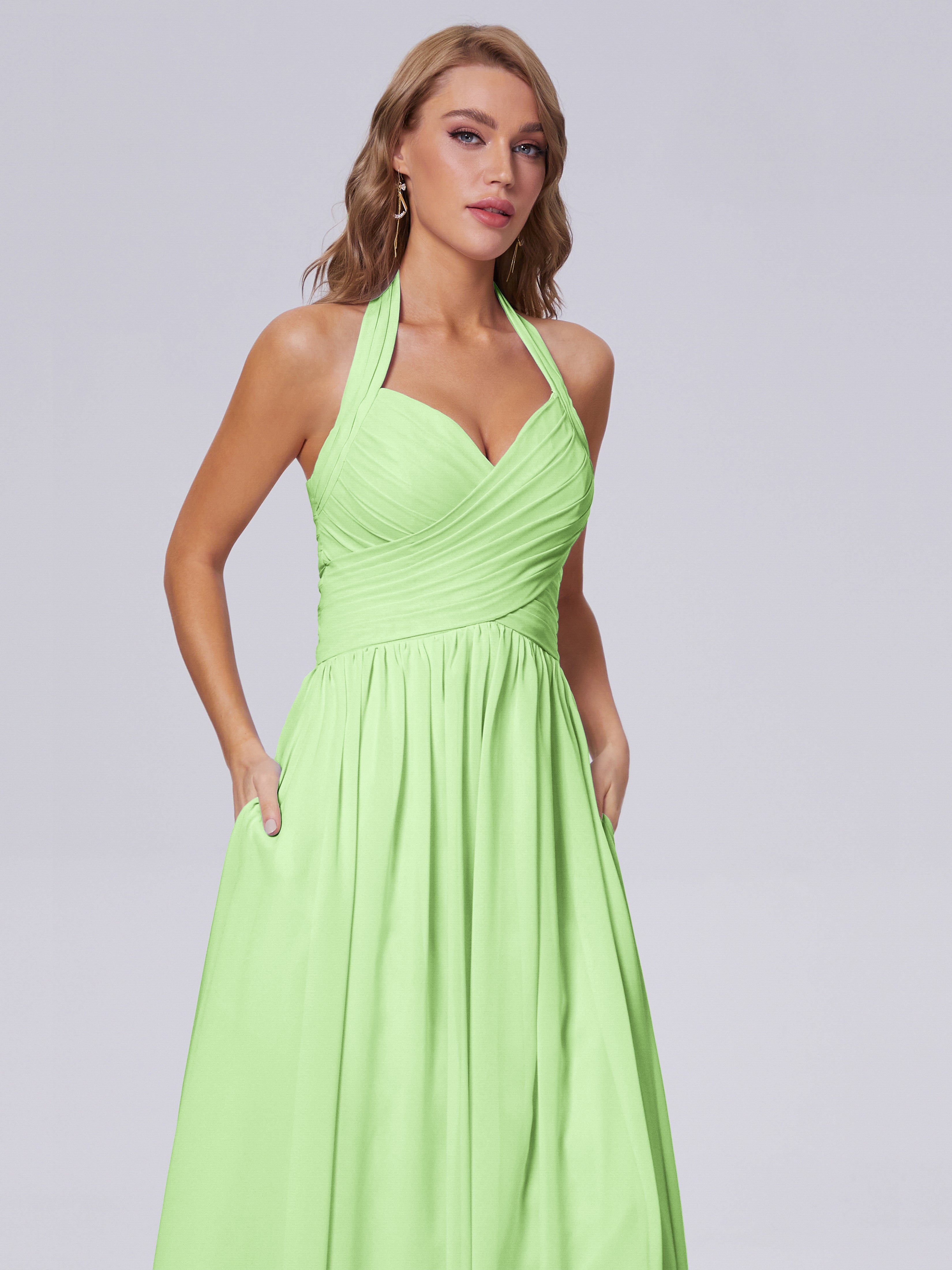 Robe Vert Sauge Demoiselle D Honneur Superbe Licou Mousseline Robes Demoiselle D'Honneur