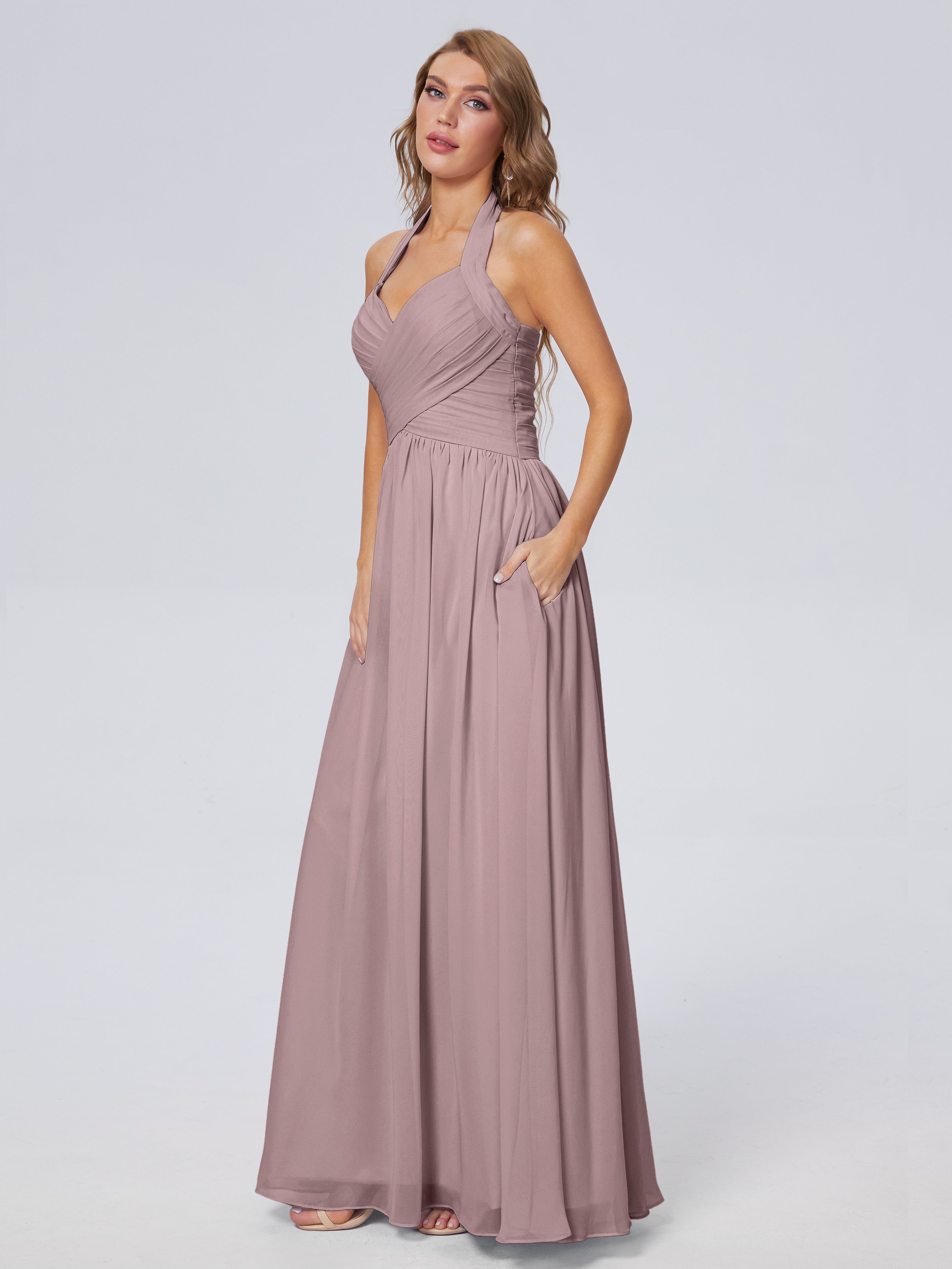 Robes De Demoiselle D'Honneur Mauve Foncé Superbe Licou Mousseline Robes Demoiselle D'Honneur