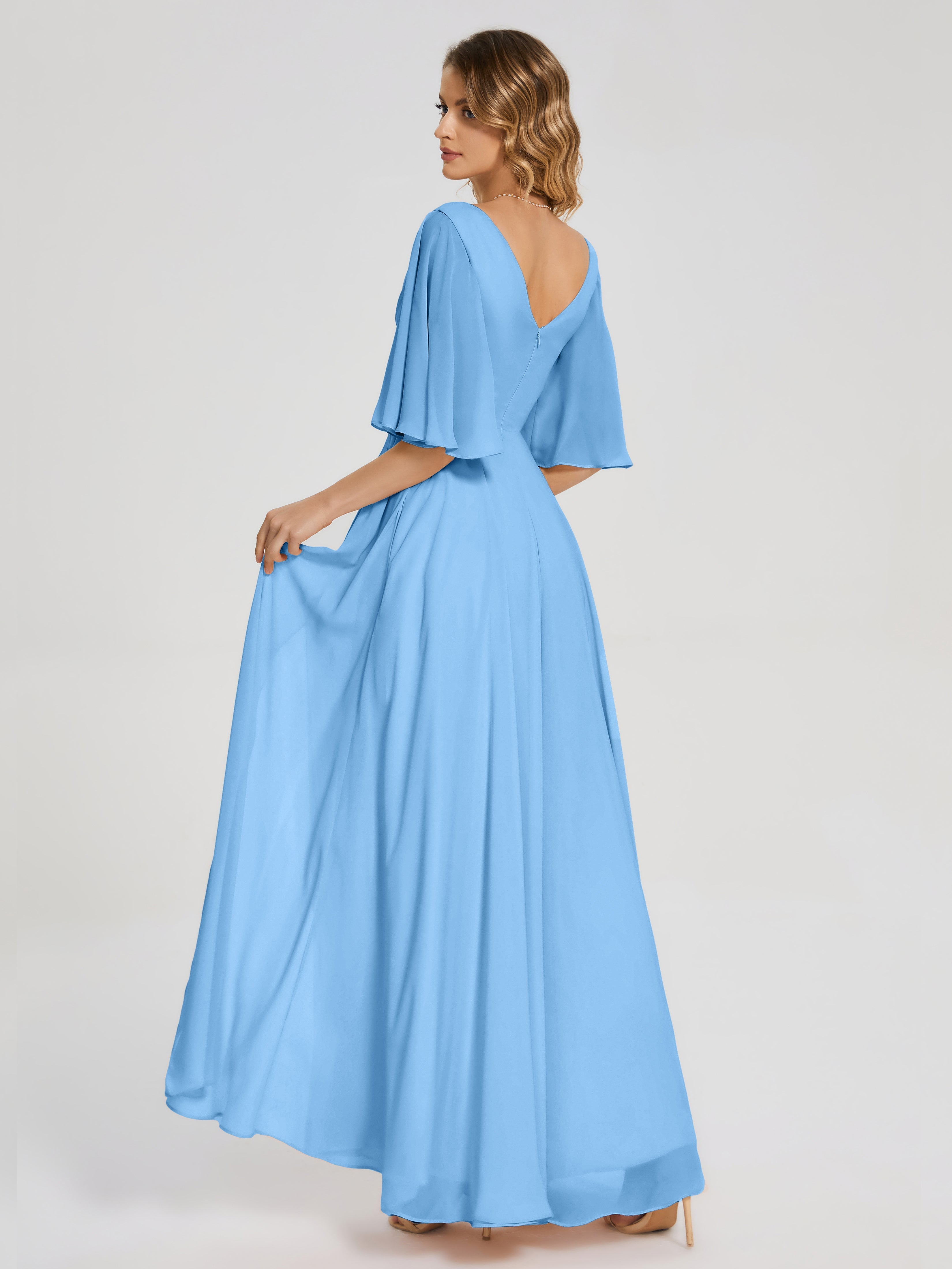 Robe De Demoiselle D Honneur Bleu Demi Manches Fendue Mousseline Robes Demoiselle D'Honneur
