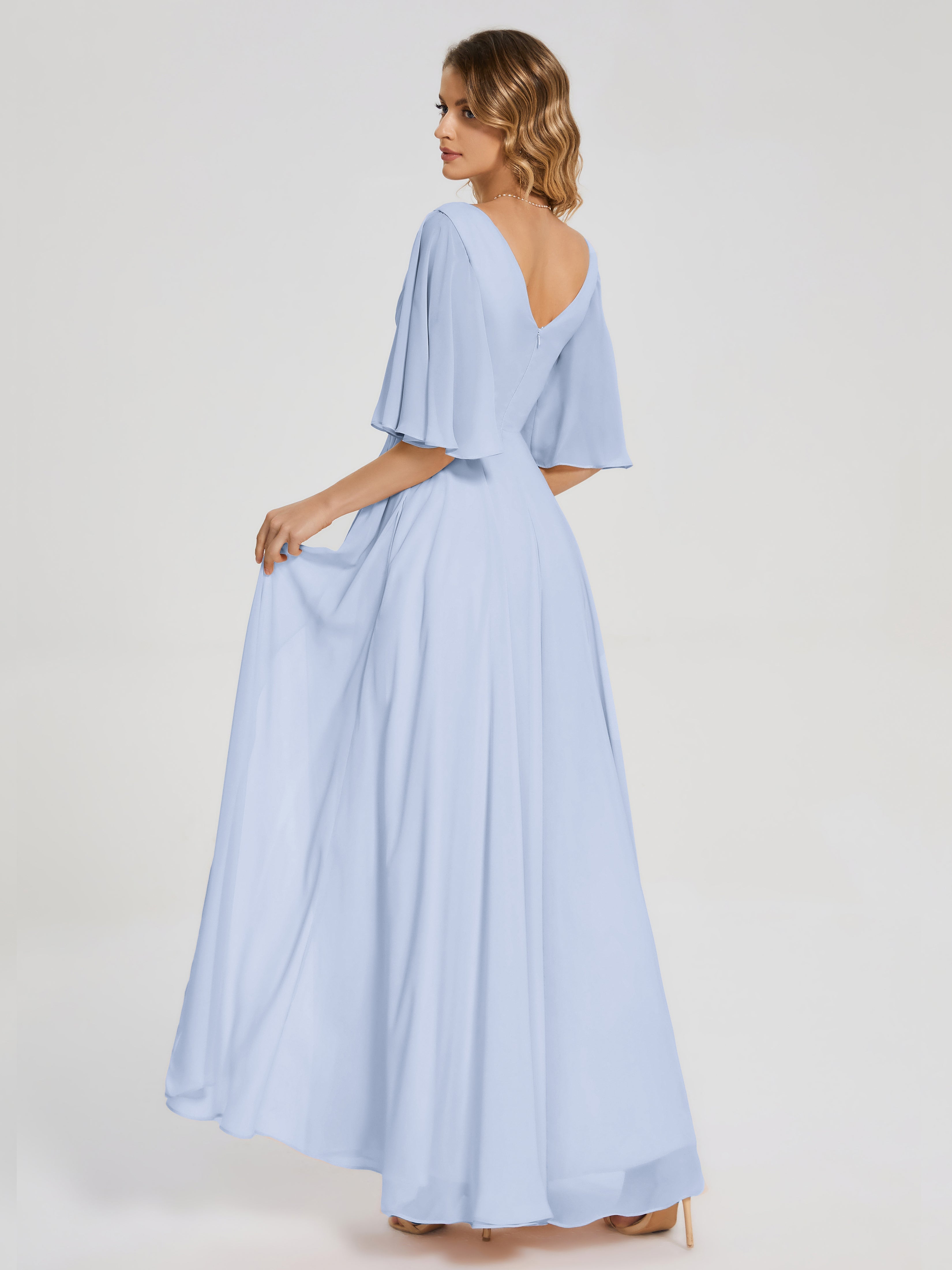 Robe Bleu Ciel Demoiselle D Honneur Demi Manches Fendue Mousseline Robes Demoiselle D'Honneur