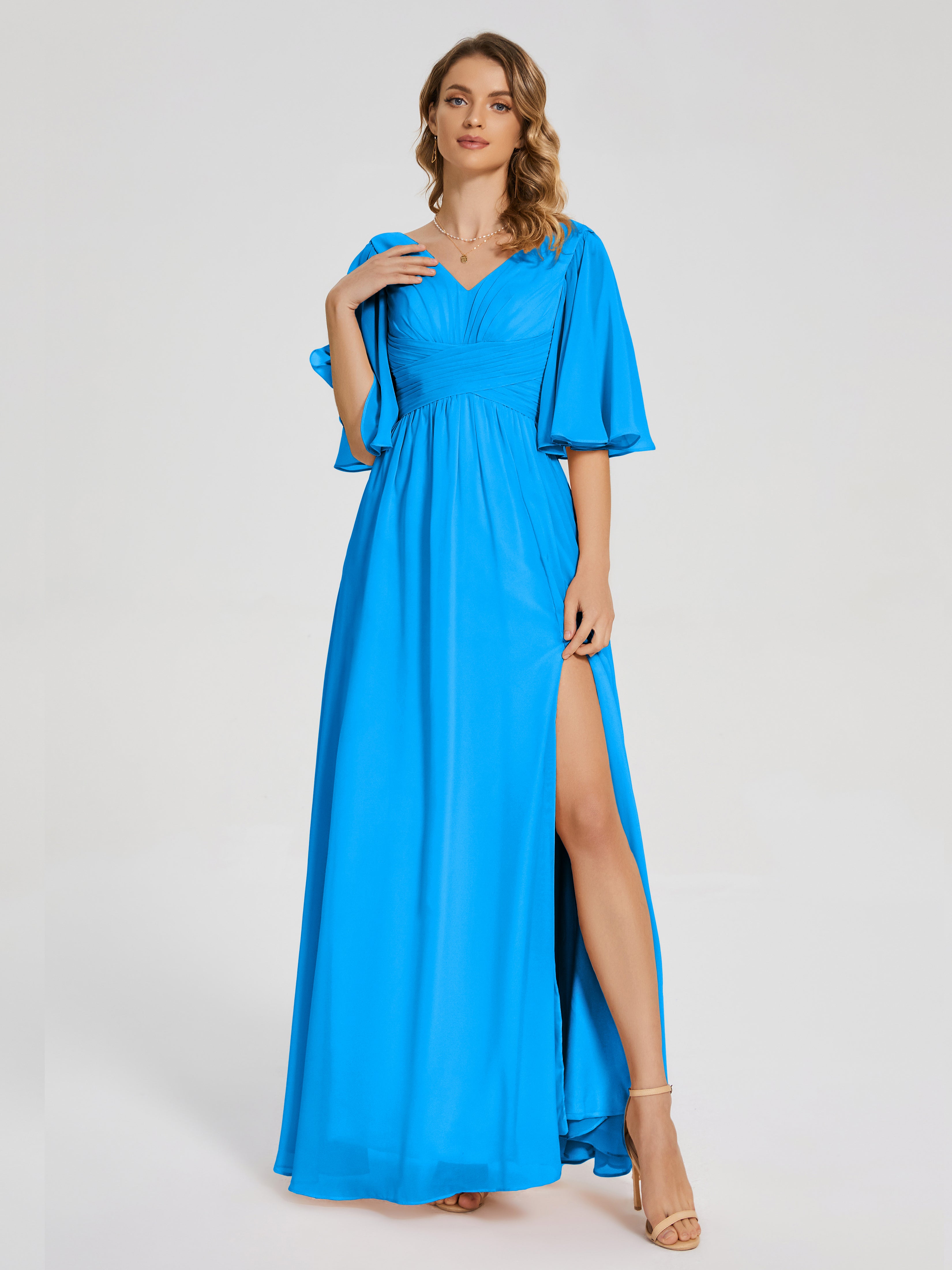 Robes De Demoiselle D'Honneur Bleu Océan Demi Manches Fendue Mousseline Robes Demoiselle D'Honneur