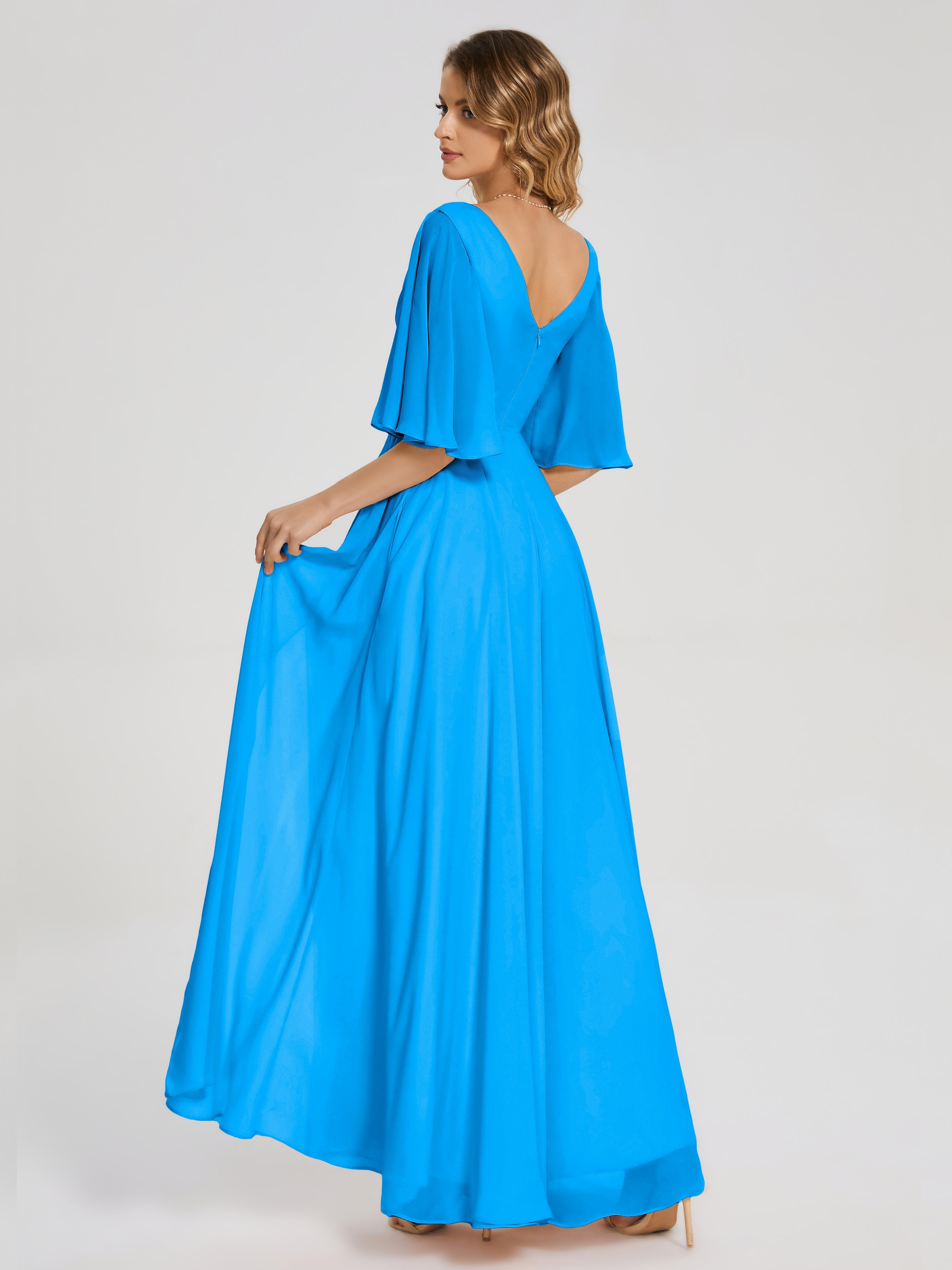 Robes De Demoiselle D'Honneur Bleu Océan Demi Manches Fendue Mousseline Robes Demoiselle D'Honneur