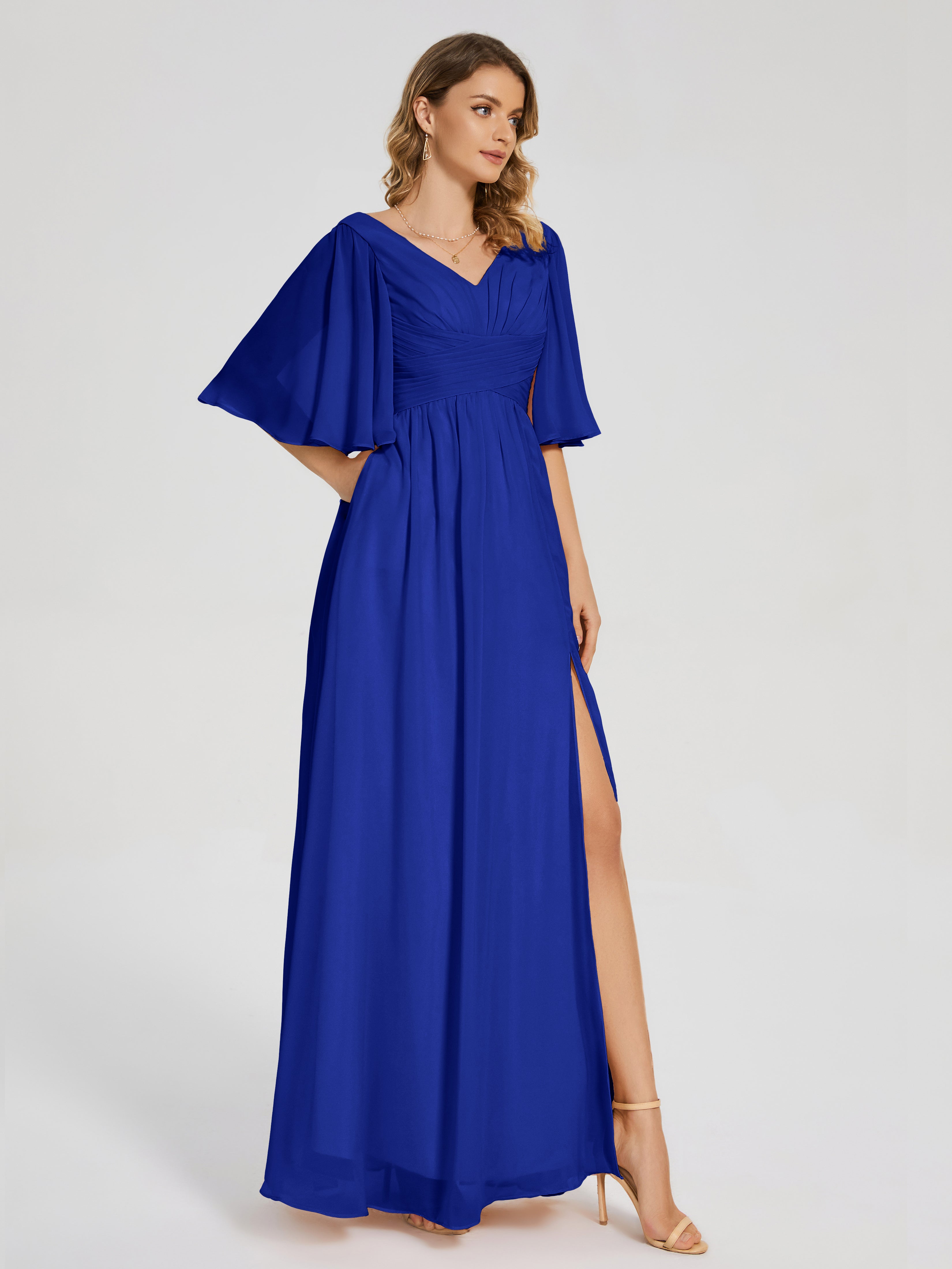 Robe Demoiselle D Honneur Bleu Royal Demi Manches Fendue Mousseline Robes Demoiselle D'Honneur