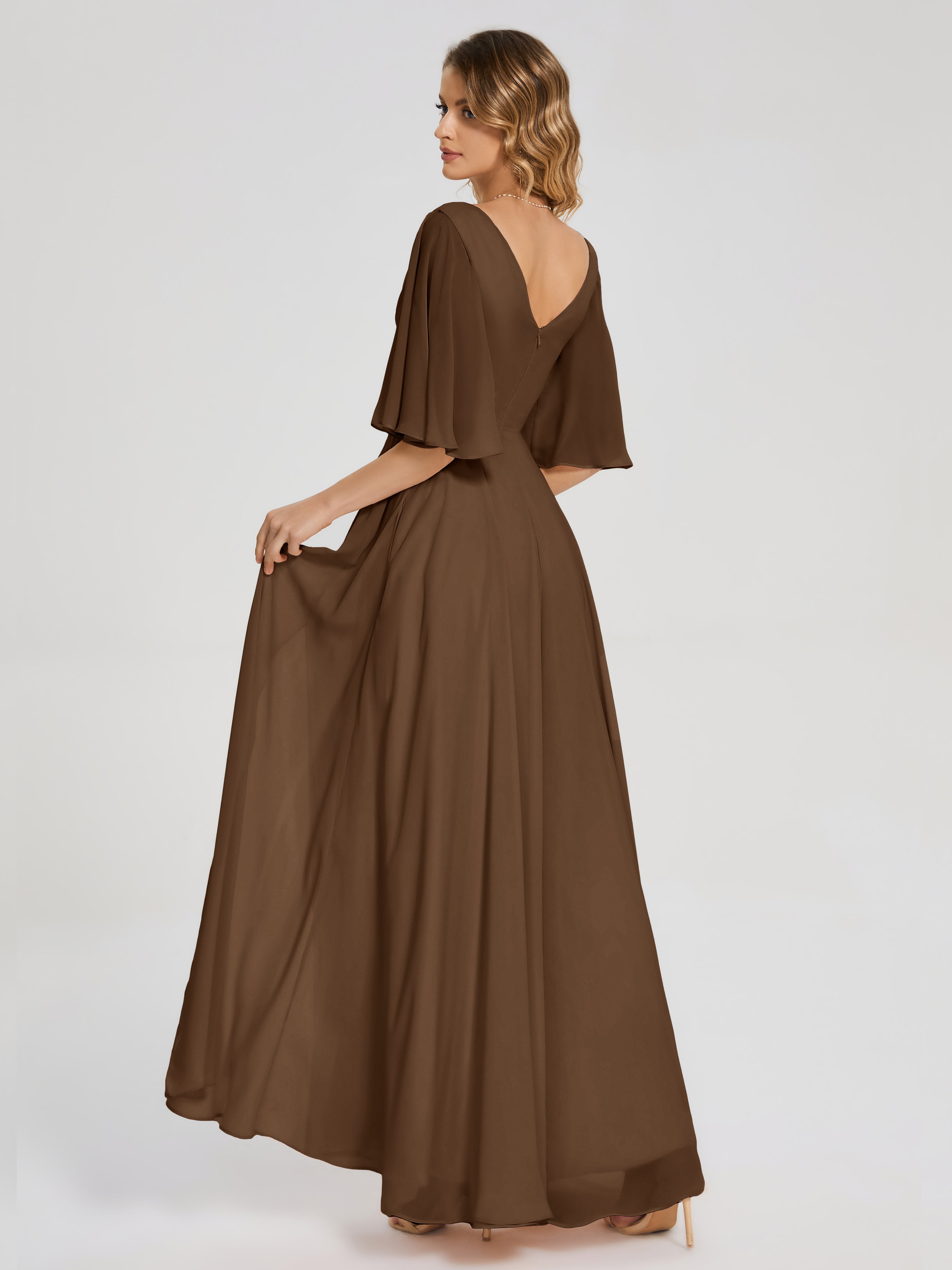 Robe Demoiselle D Honneur Brun Demi Manches Fendue Mousseline Robes Demoiselle D'Honneur