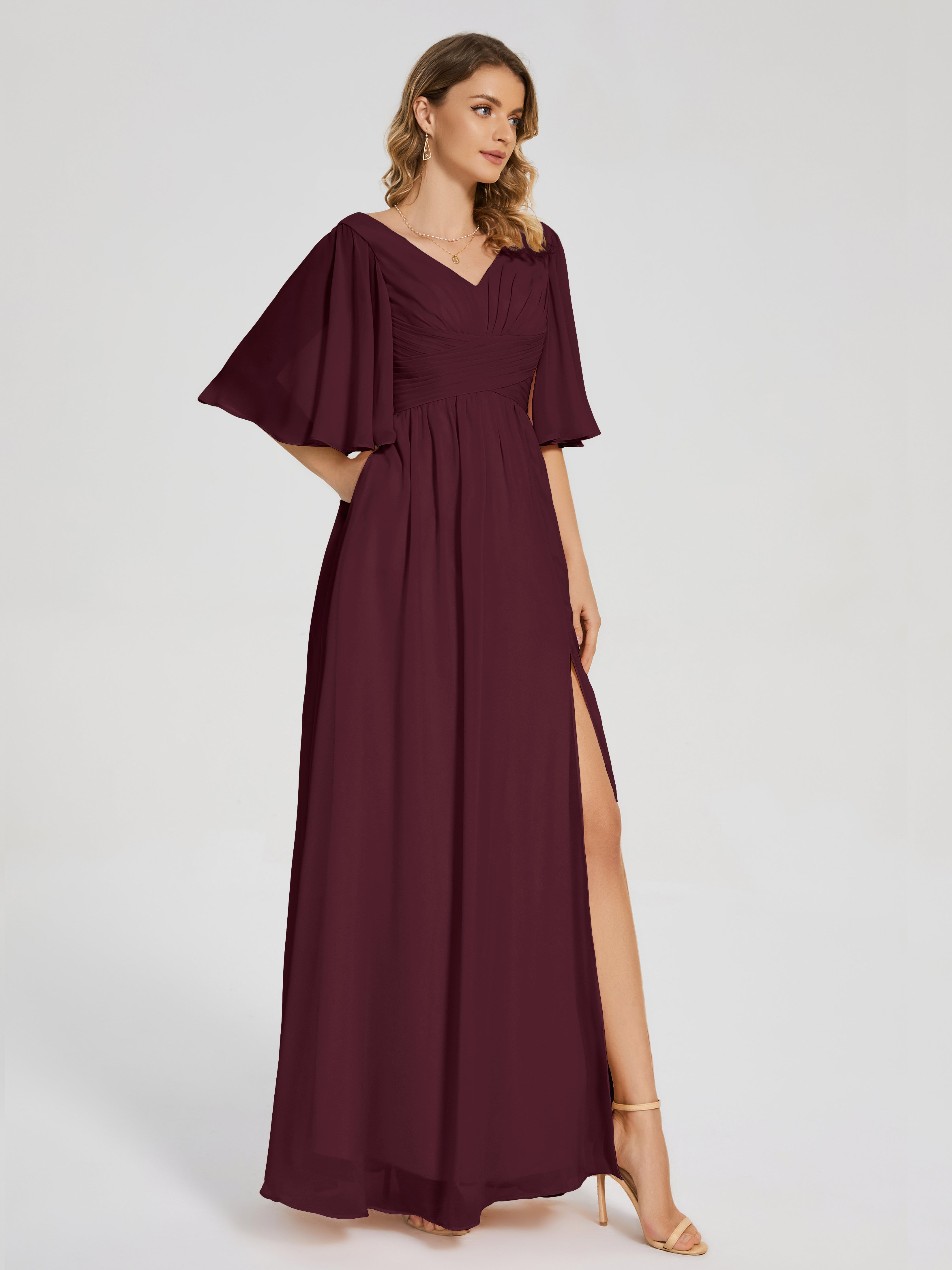 Robes De Demoiselle D'Honneur Cabernet Demi Manches Fendue Mousseline Robes Demoiselle D'Honneur