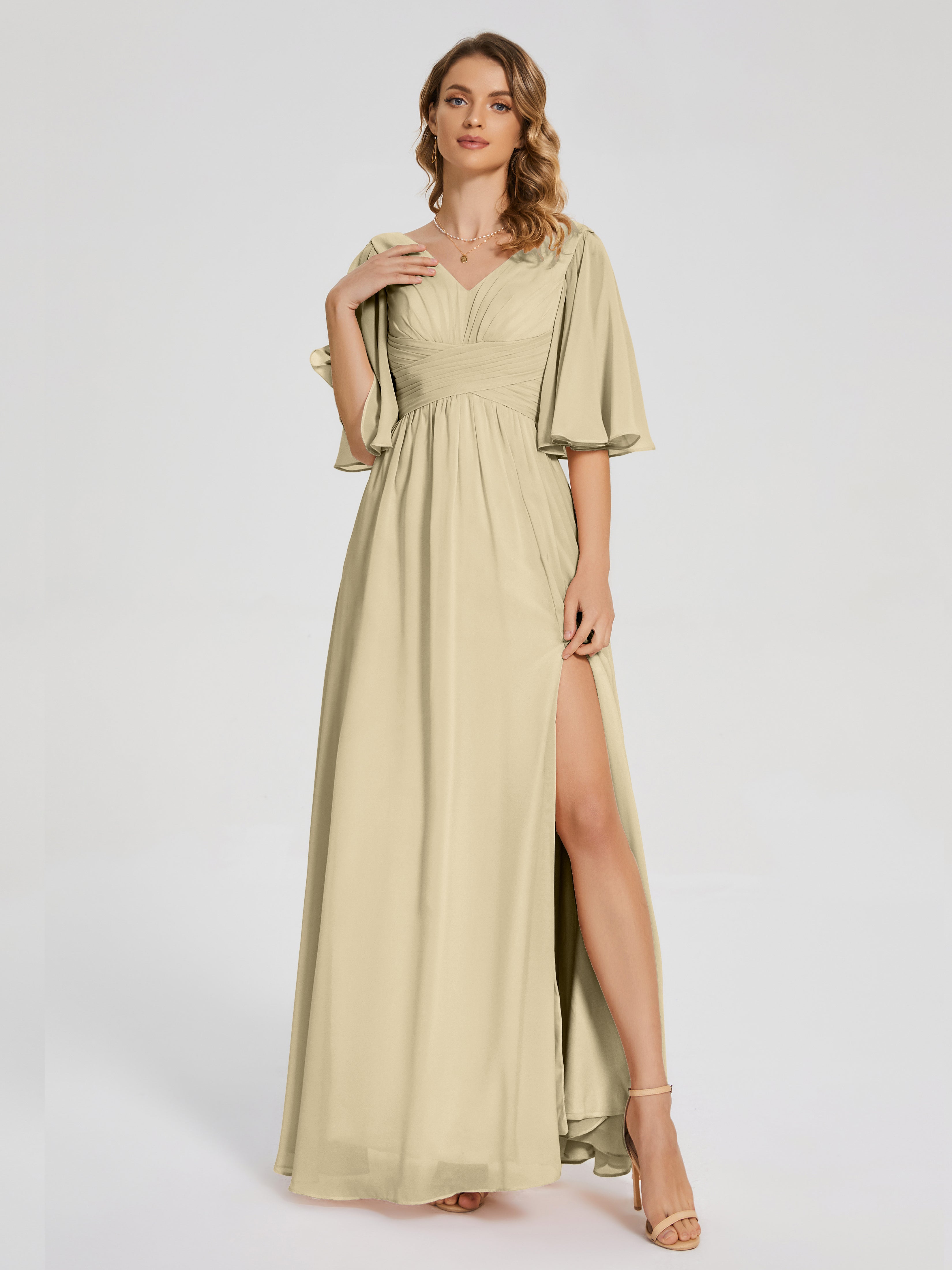Robe Champagne Demoiselle D Honneur Demi Manches Fendue Mousseline Robes Demoiselle D'Honneur