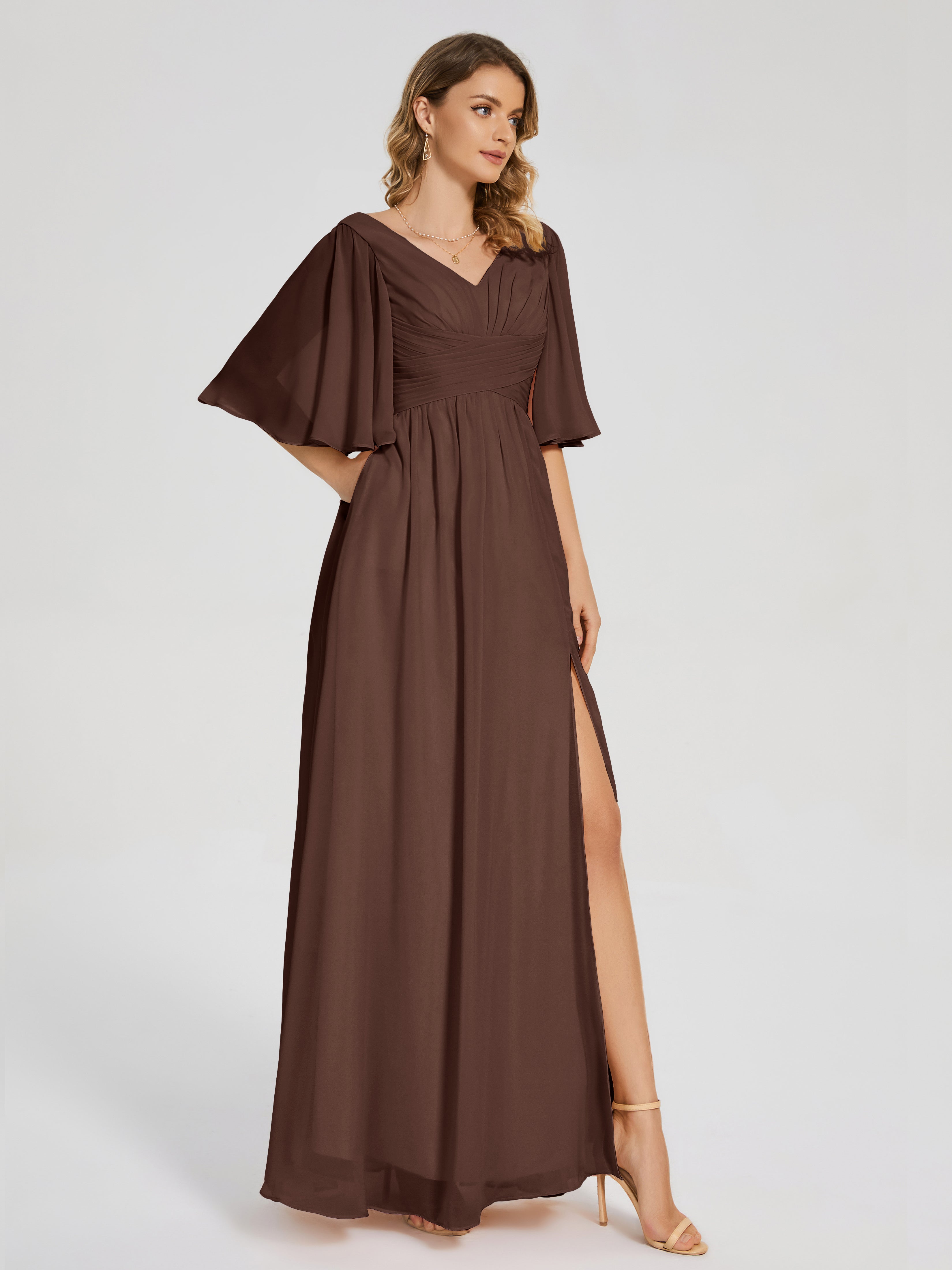 Robe De Demoiselle D Honneur Chocolat Demi Manches Fendue Mousseline Robes Demoiselle D'Honneur