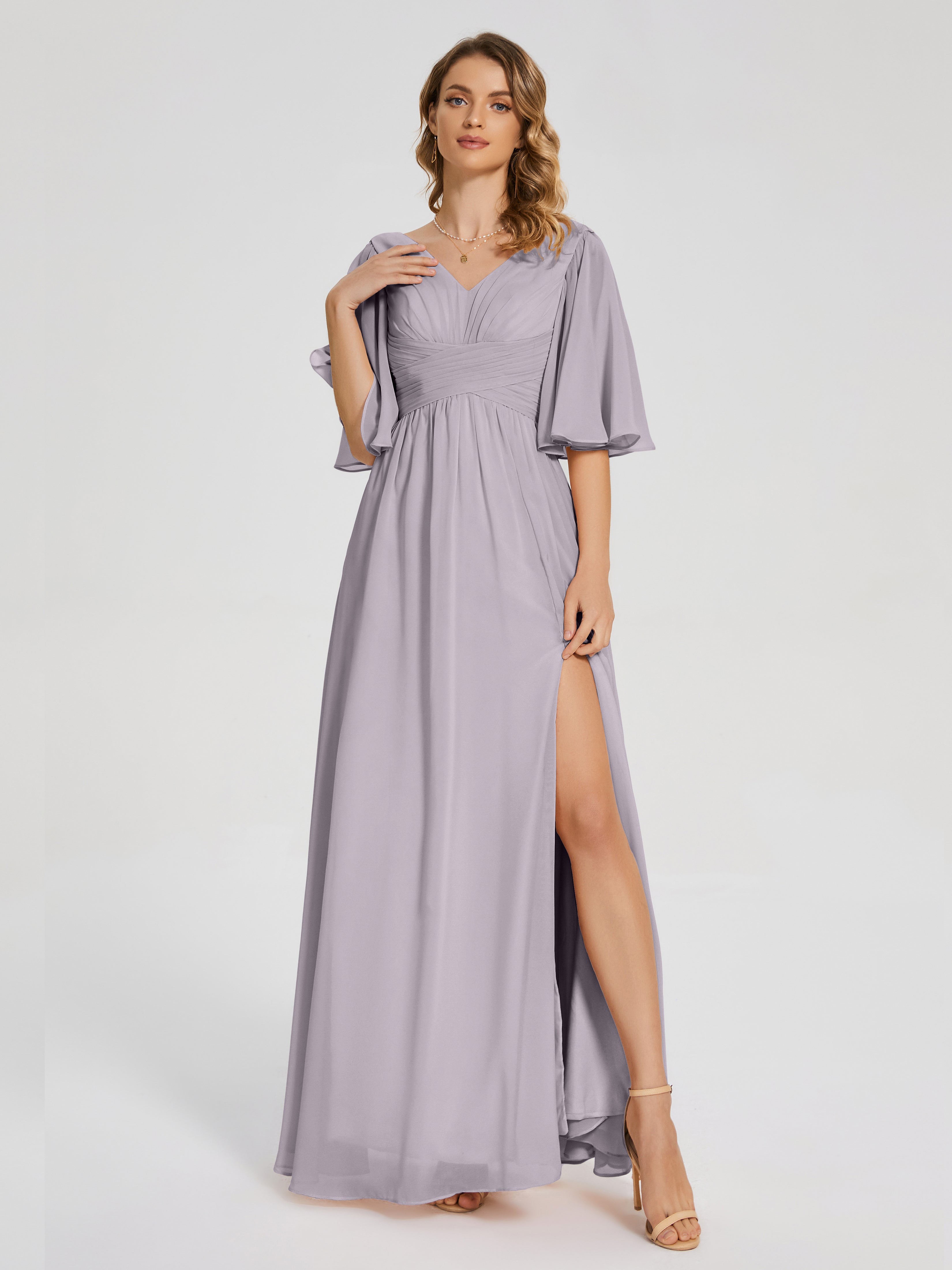 Robes De Demoiselle D'Honneur Couleur Crépuscule Demi Manches Fendue Mousseline Robes Demoiselle D'Honneur