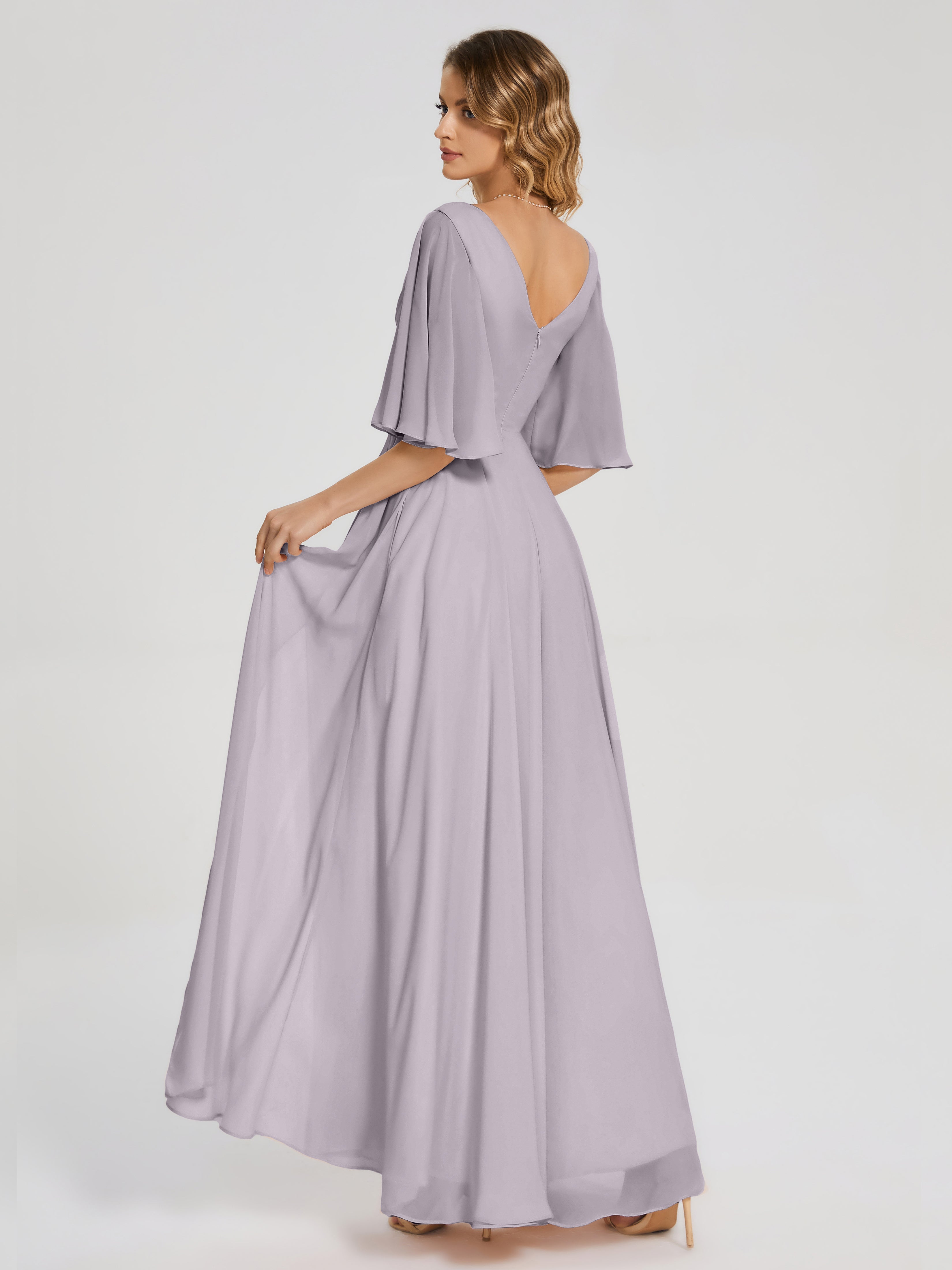 Robes De Demoiselle D'Honneur Couleur Crépuscule Demi Manches Fendue Mousseline Robes Demoiselle D'Honneur