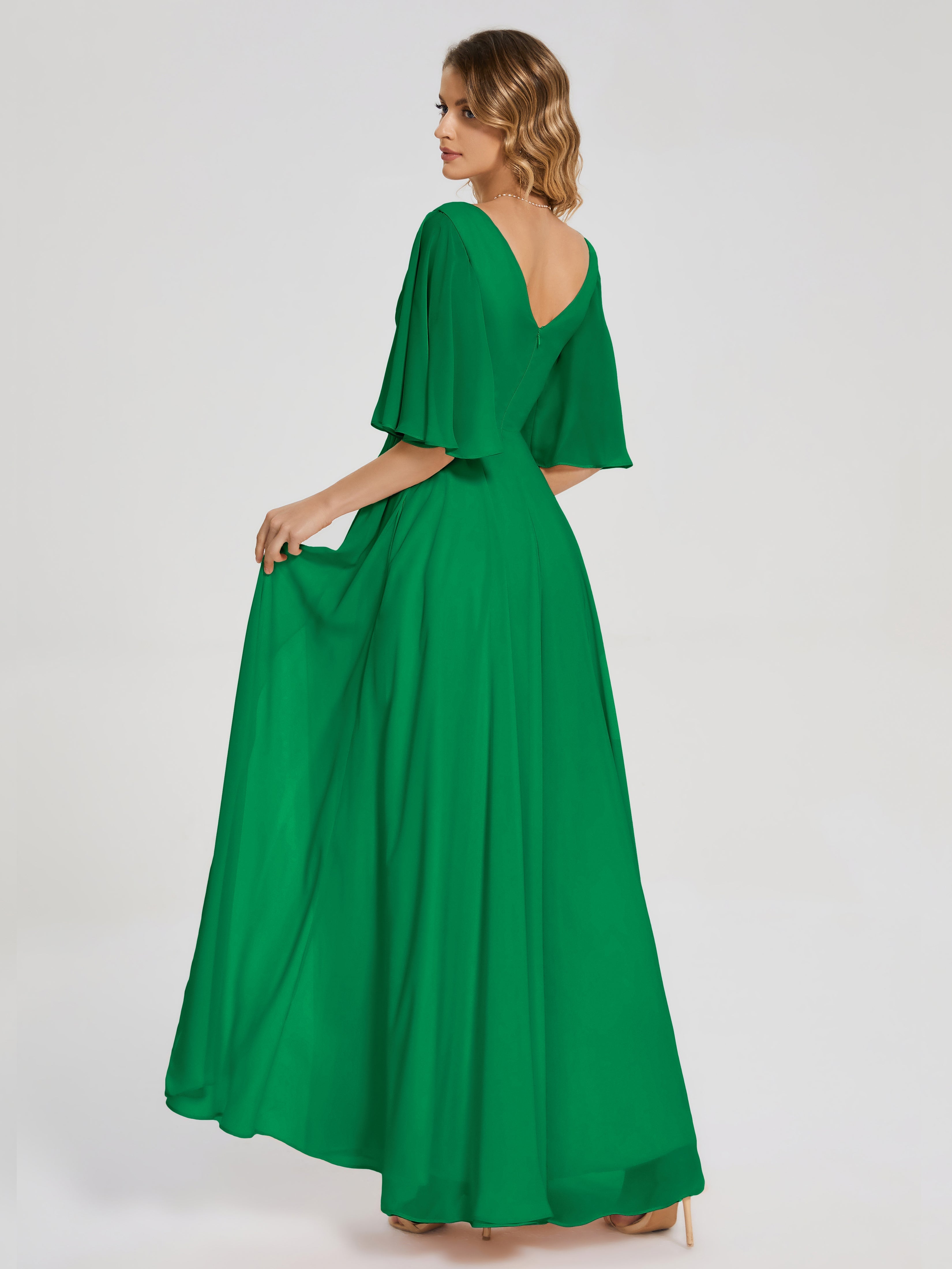 Robe Demoiselle D Honneur Emeraude Demi Manches Fendue Mousseline Robes Demoiselle D'Honneur