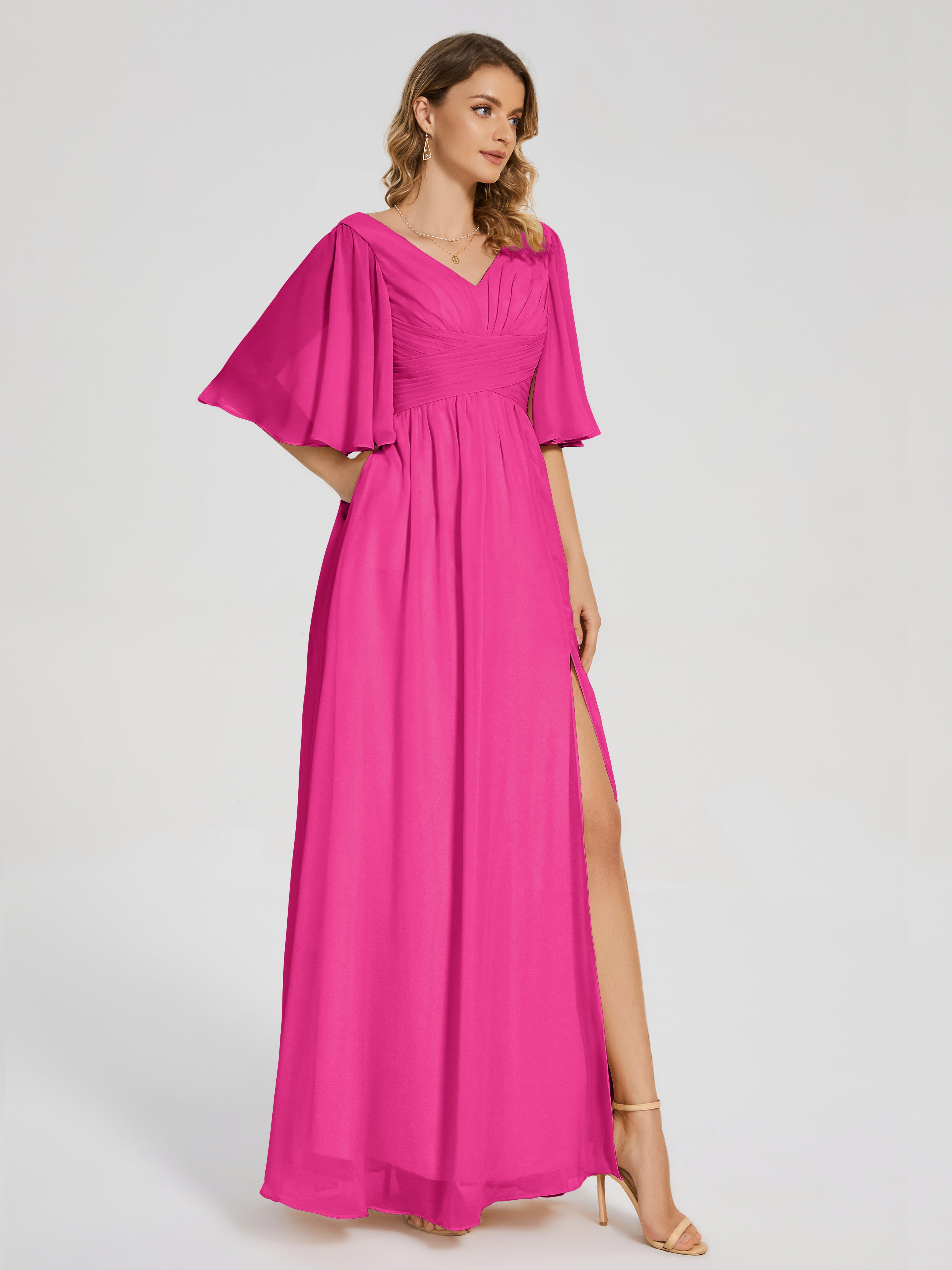 Robe Fuchsia Demoiselle D Honneur Demi Manches Fendue Mousseline Robes Demoiselle D'Honneur
