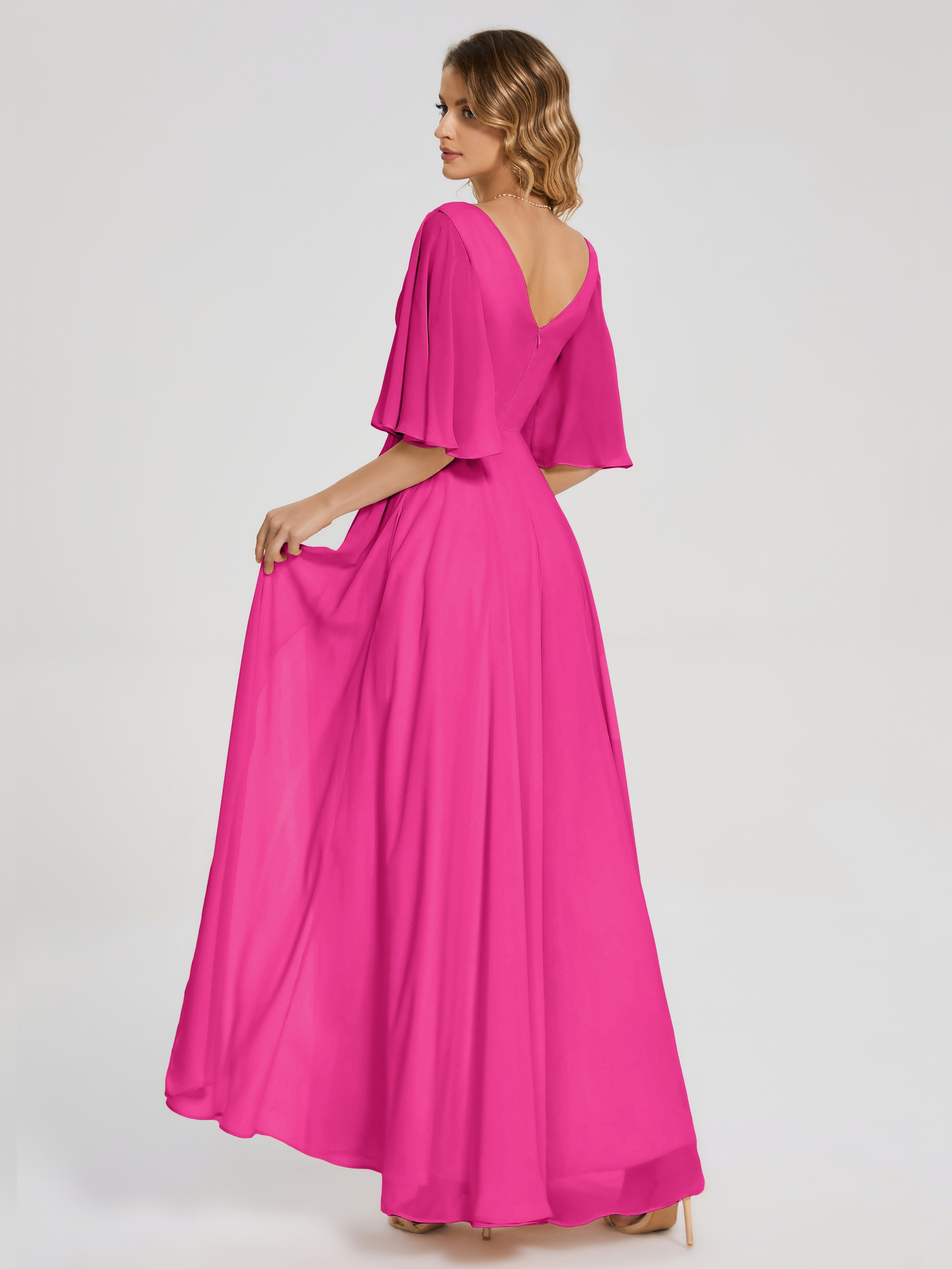 Robe Fuchsia Demoiselle D Honneur Demi Manches Fendue Mousseline Robes Demoiselle D'Honneur