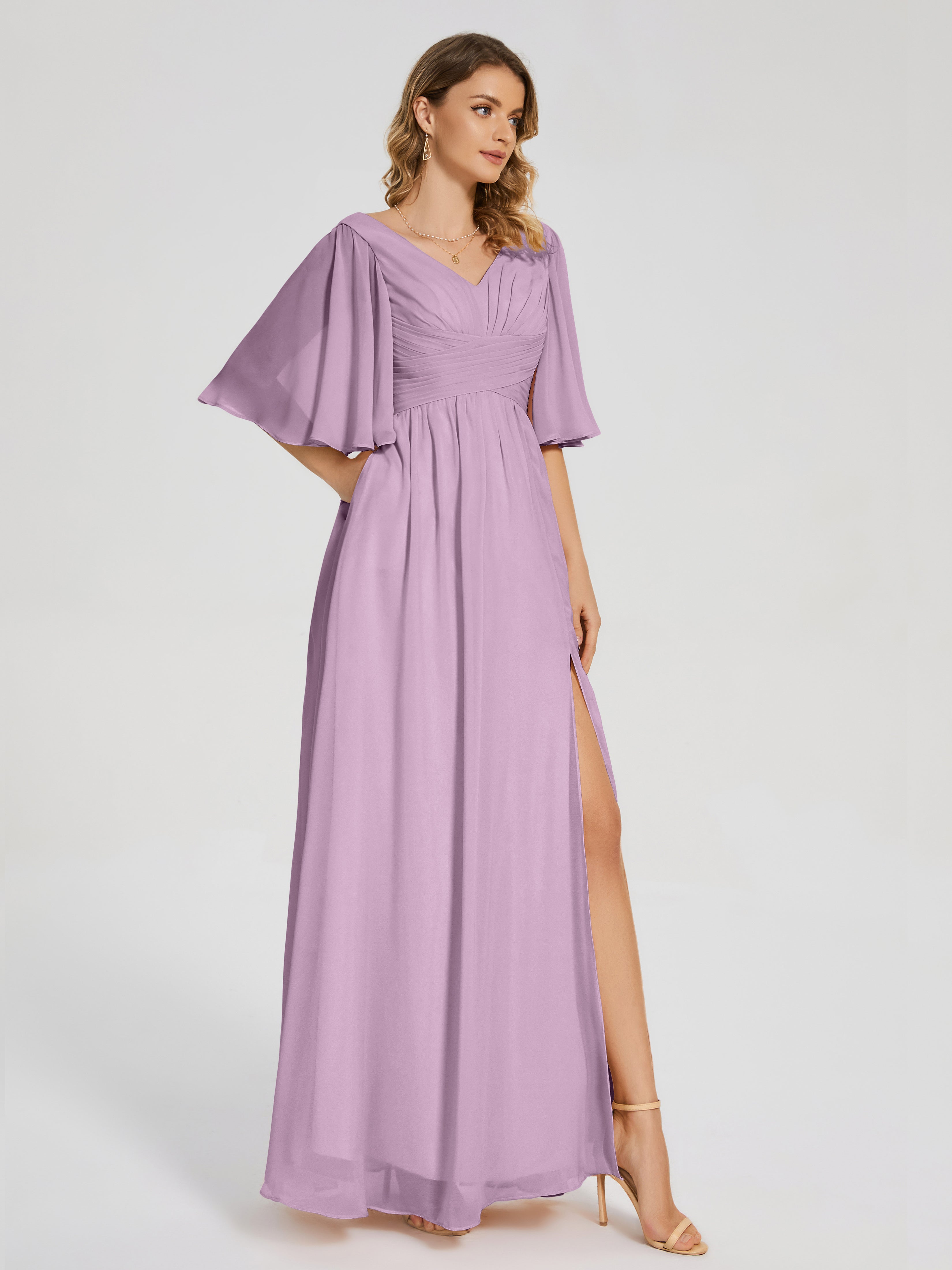 Robes De Demoiselle D'Honneur Glycine Demi Manches Fendue Mousseline Robes Demoiselle D'Honneur