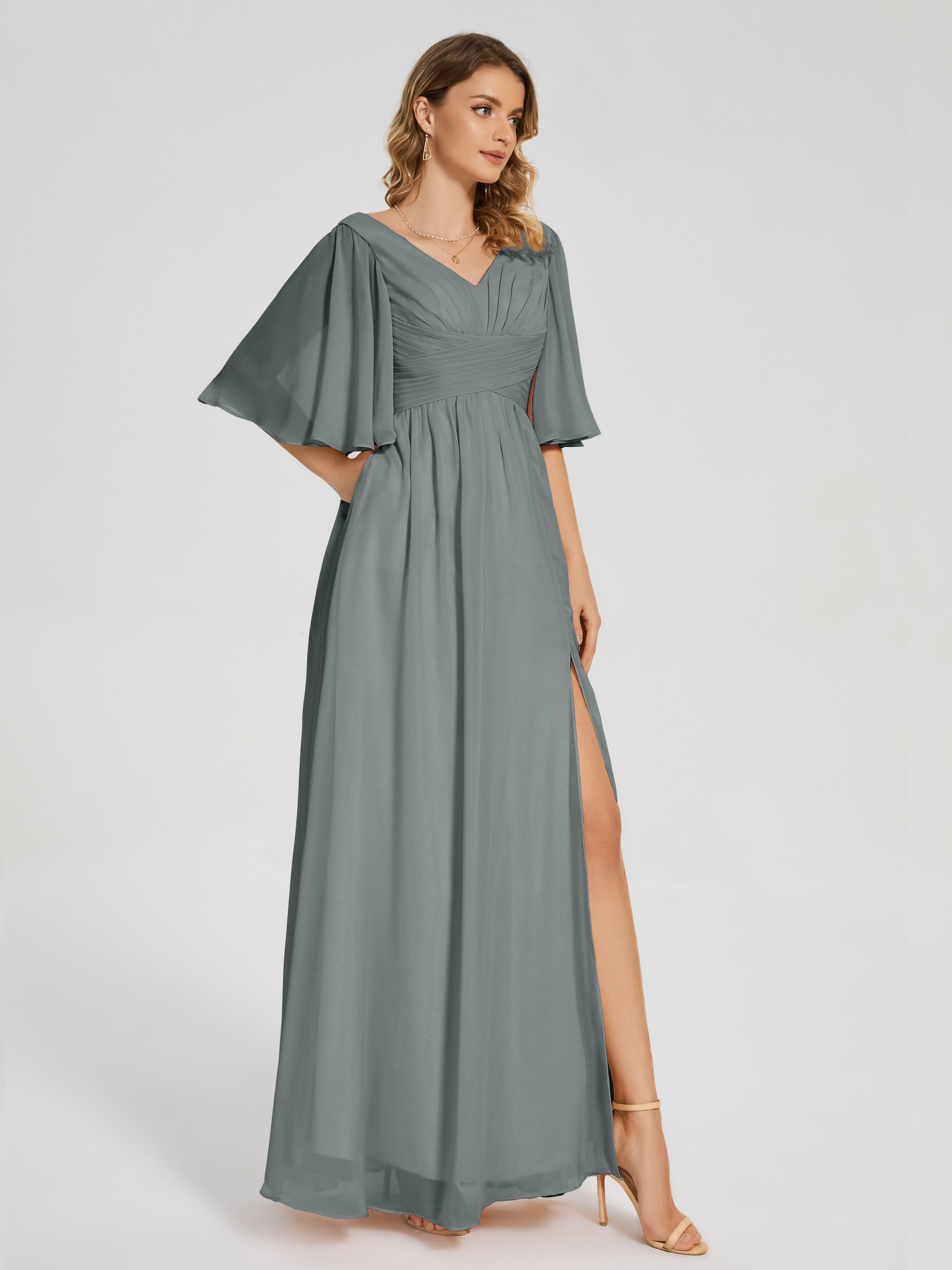 Robe Demoiselle D Honneur Gris Argenté Demi Manches Fendue Mousseline Robes Demoiselle D'Honneur