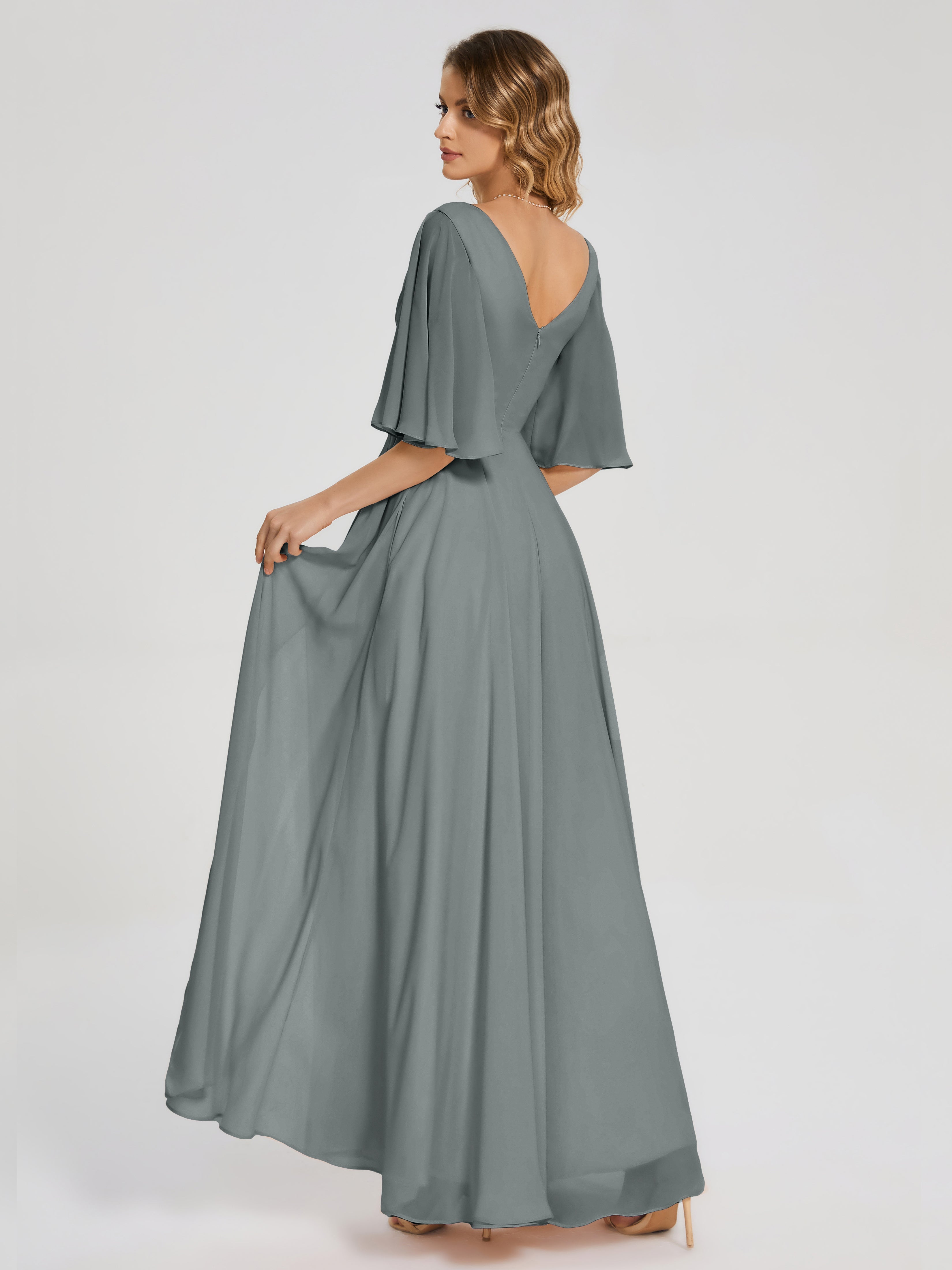 Robe Demoiselle D Honneur Gris Argenté Demi Manches Fendue Mousseline Robes Demoiselle D'Honneur