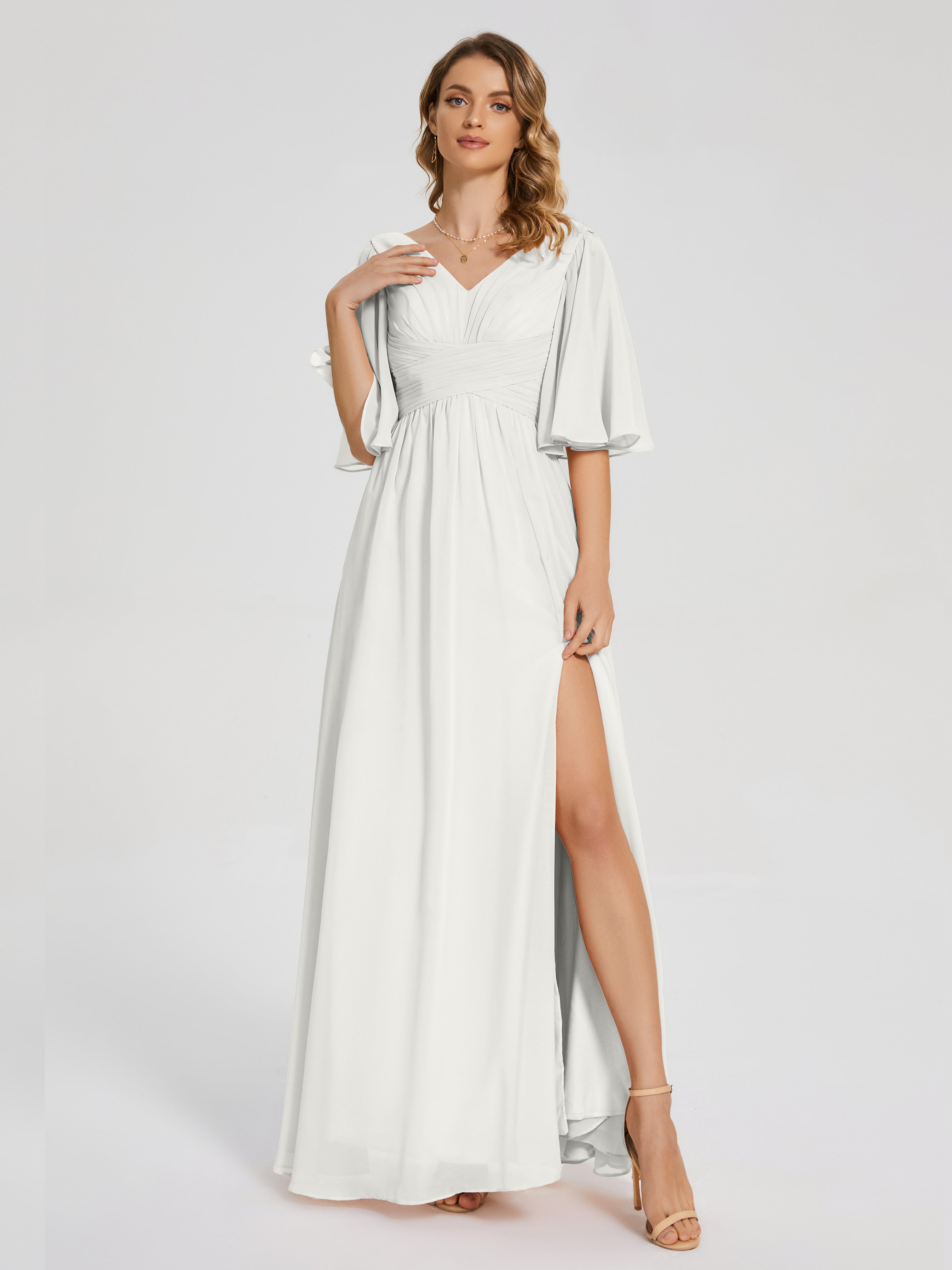 Robe De Demoiselle D Honneur Ivoire Demi Manches Fendue Mousseline Robes Demoiselle D'Honneur