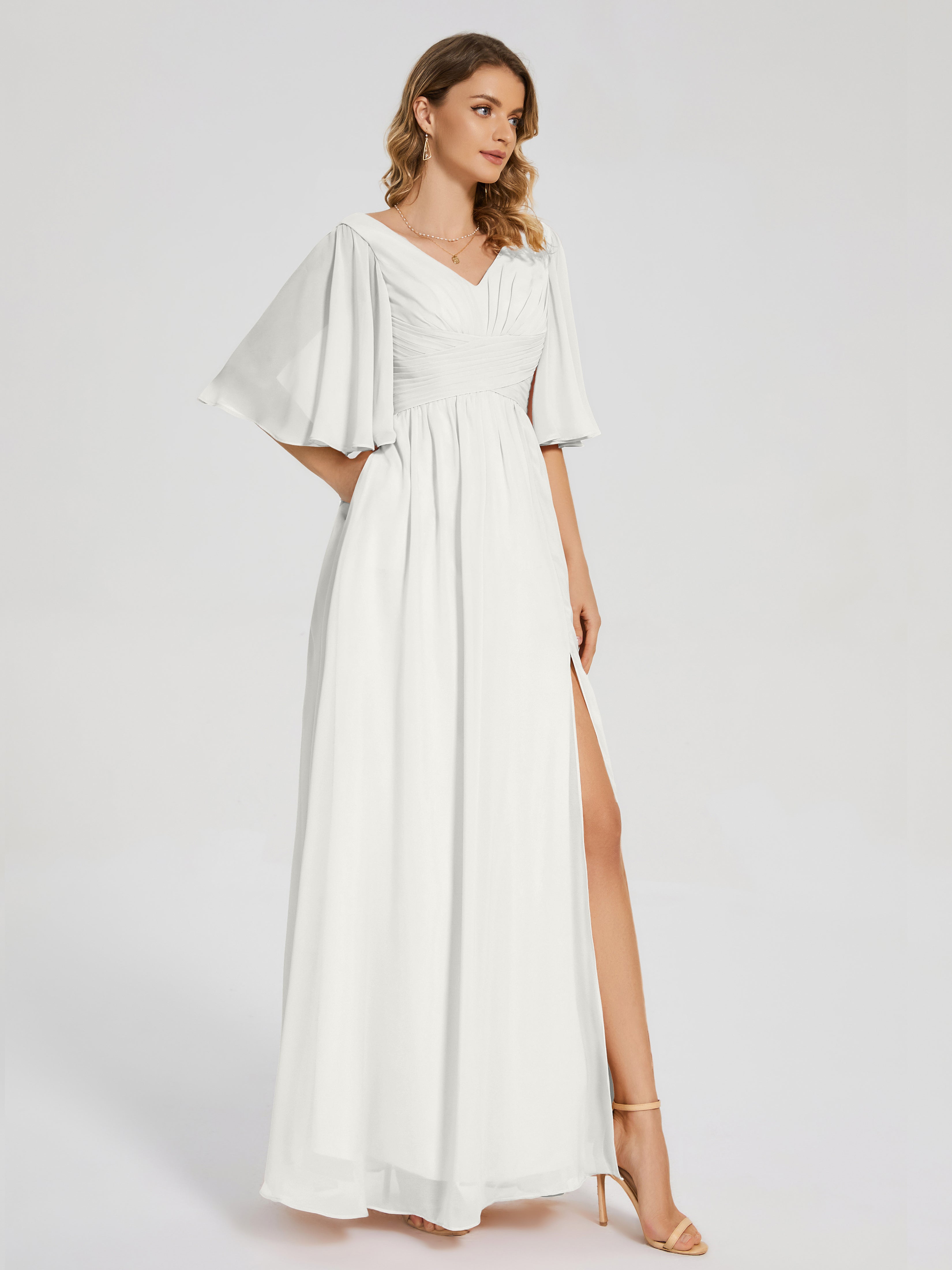 Robe De Demoiselle D Honneur Ivoire Demi Manches Fendue Mousseline Robes Demoiselle D'Honneur