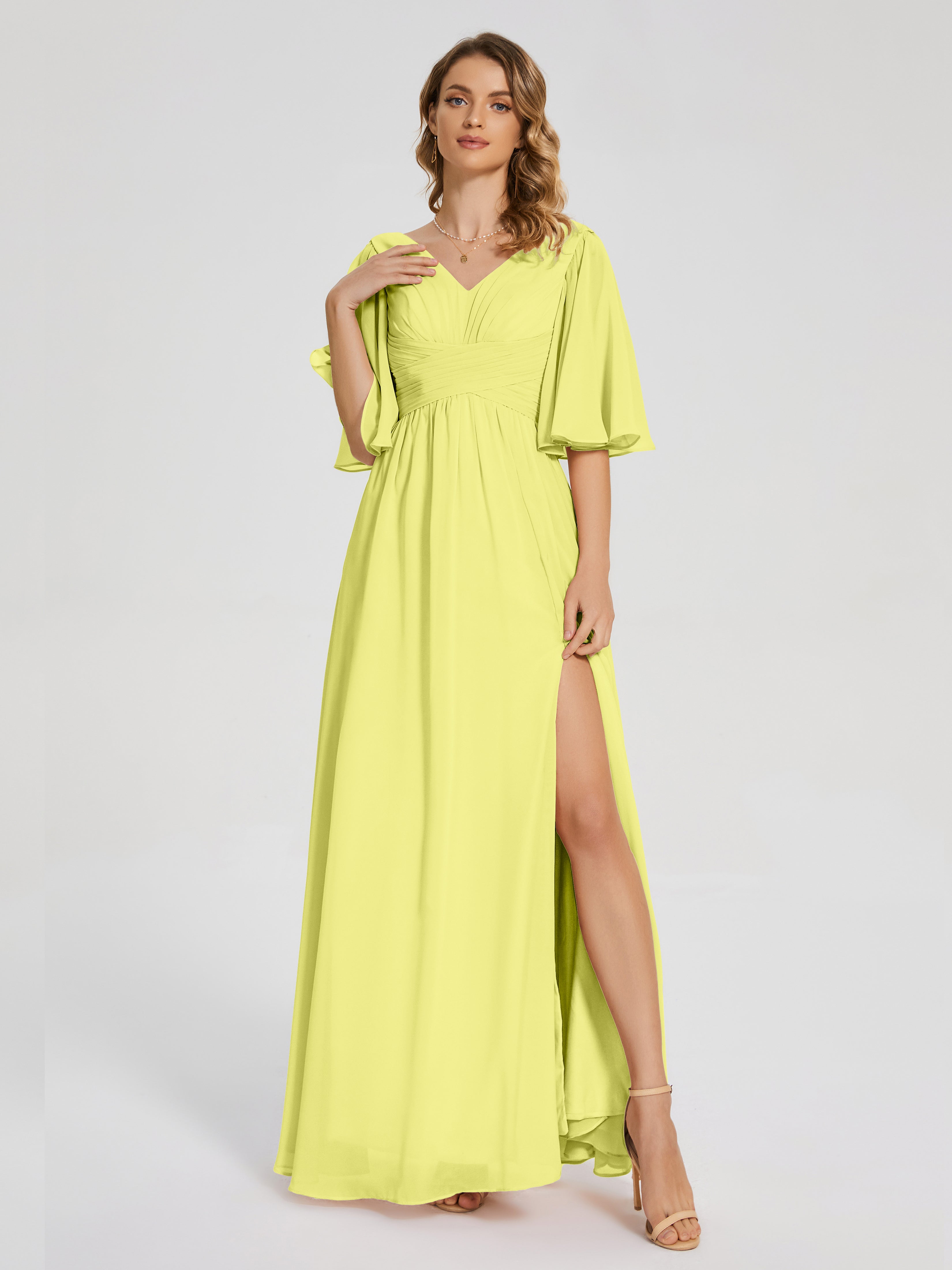 Robes De Demoiselle D'Honneur Jonquille Demi Manches Fendue Mousseline Robes Demoiselle D'Honneur