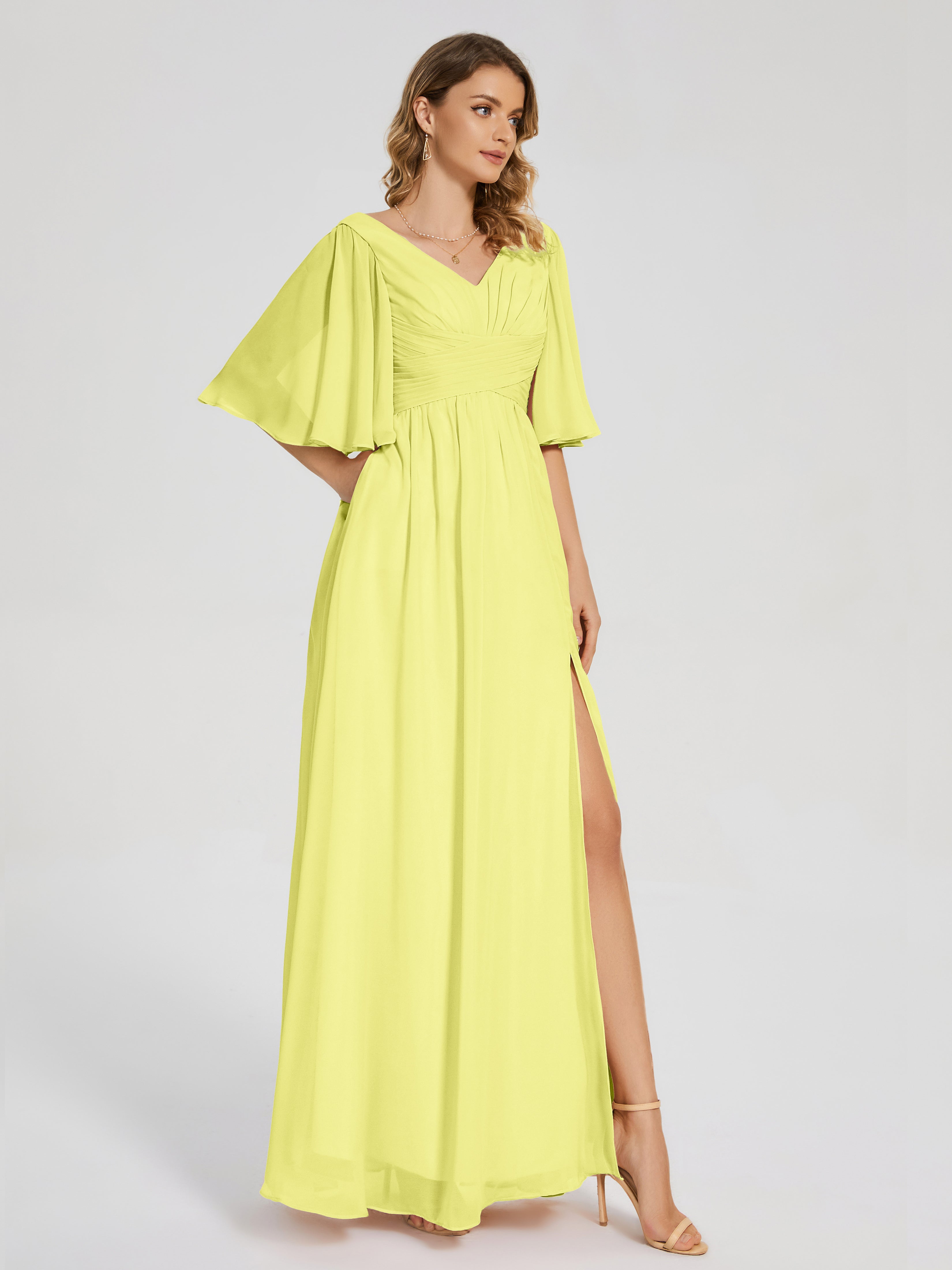 Robes De Demoiselle D'Honneur Jonquille Demi Manches Fendue Mousseline Robes Demoiselle D'Honneur