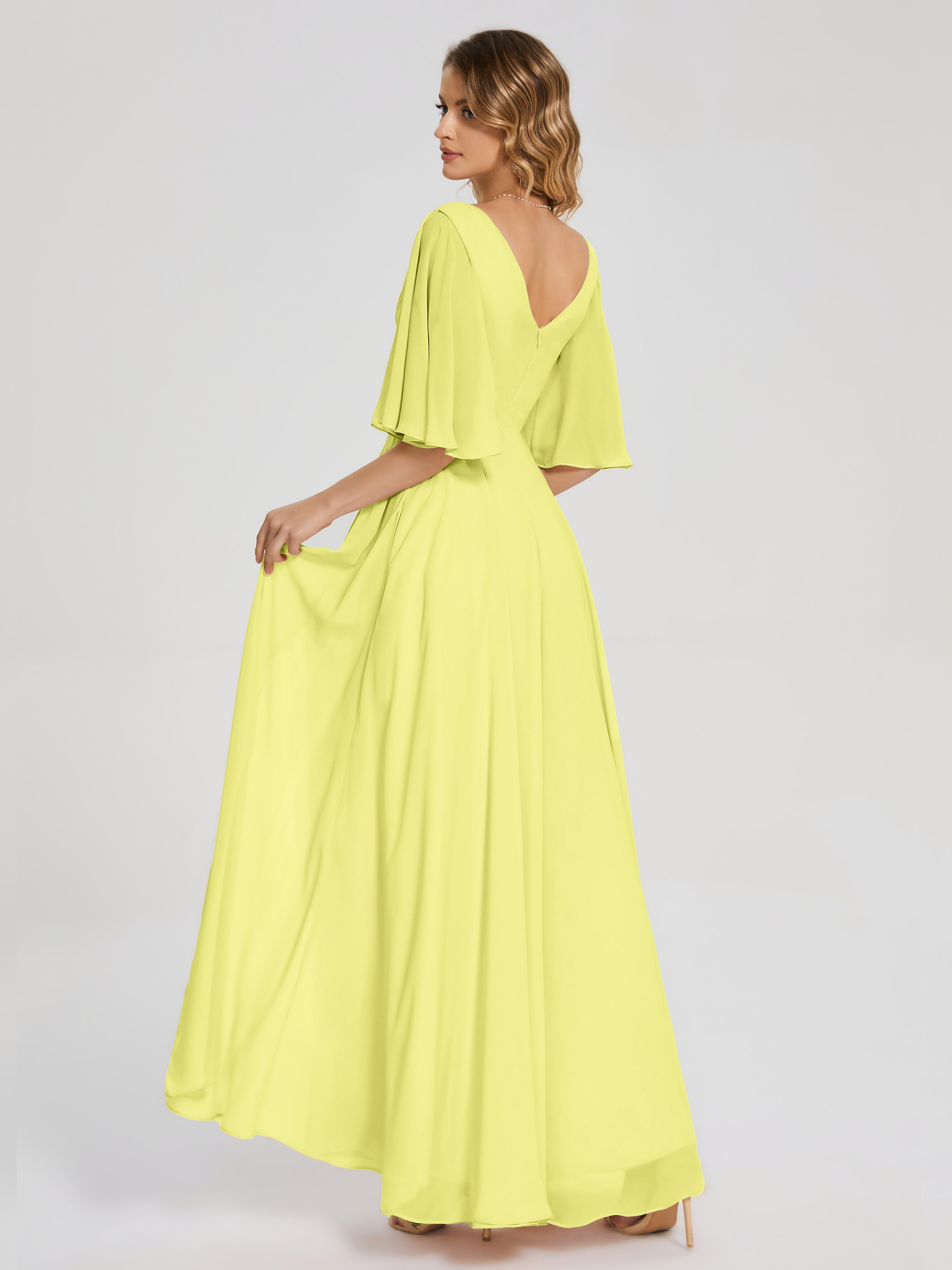 Robes De Demoiselle D'Honneur Jonquille Demi Manches Fendue Mousseline Robes Demoiselle D'Honneur