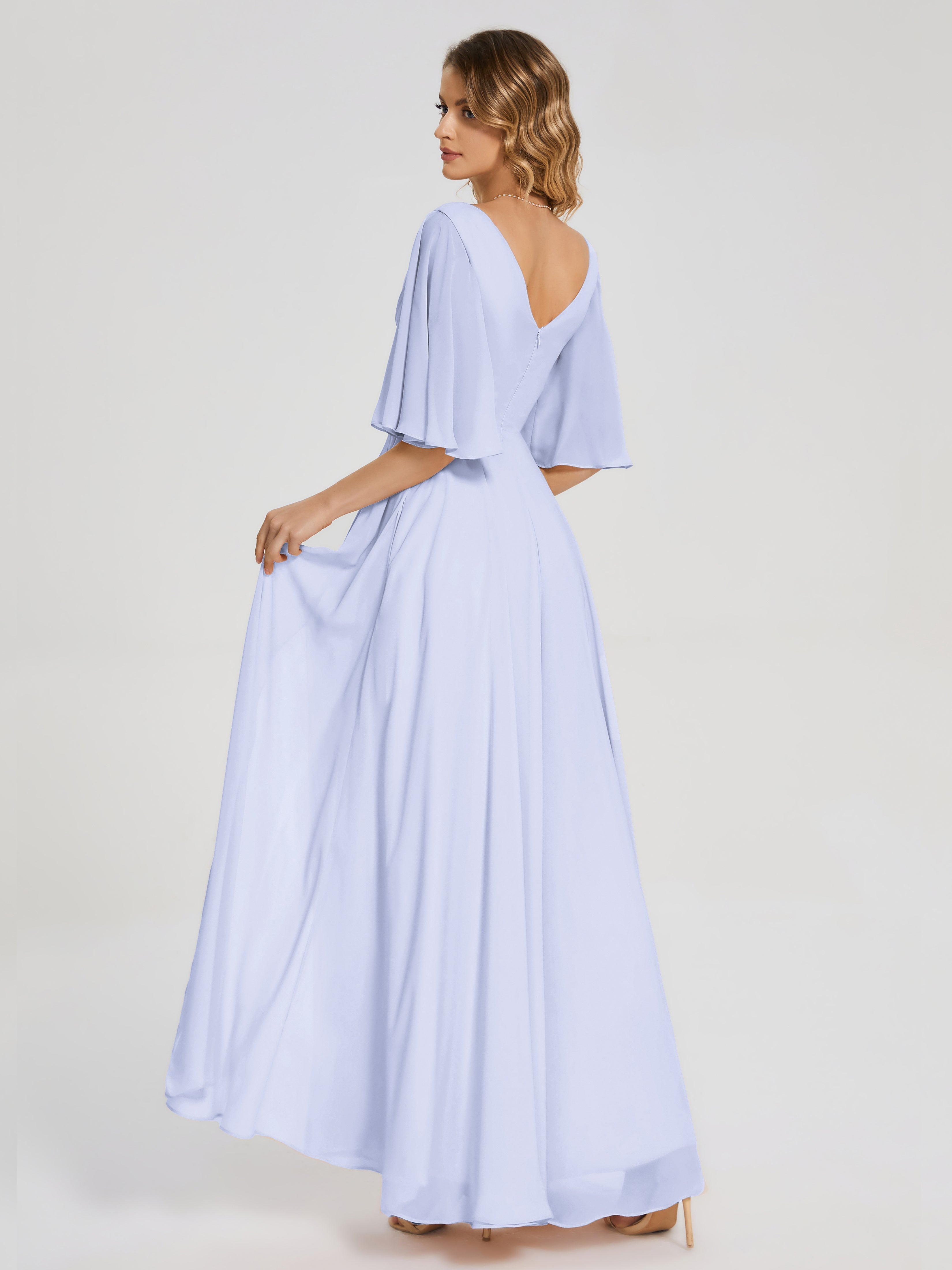 Robe Lavande Demoiselle D Honneur Demi Manches Fendue Mousseline Robes Demoiselle D'Honneur