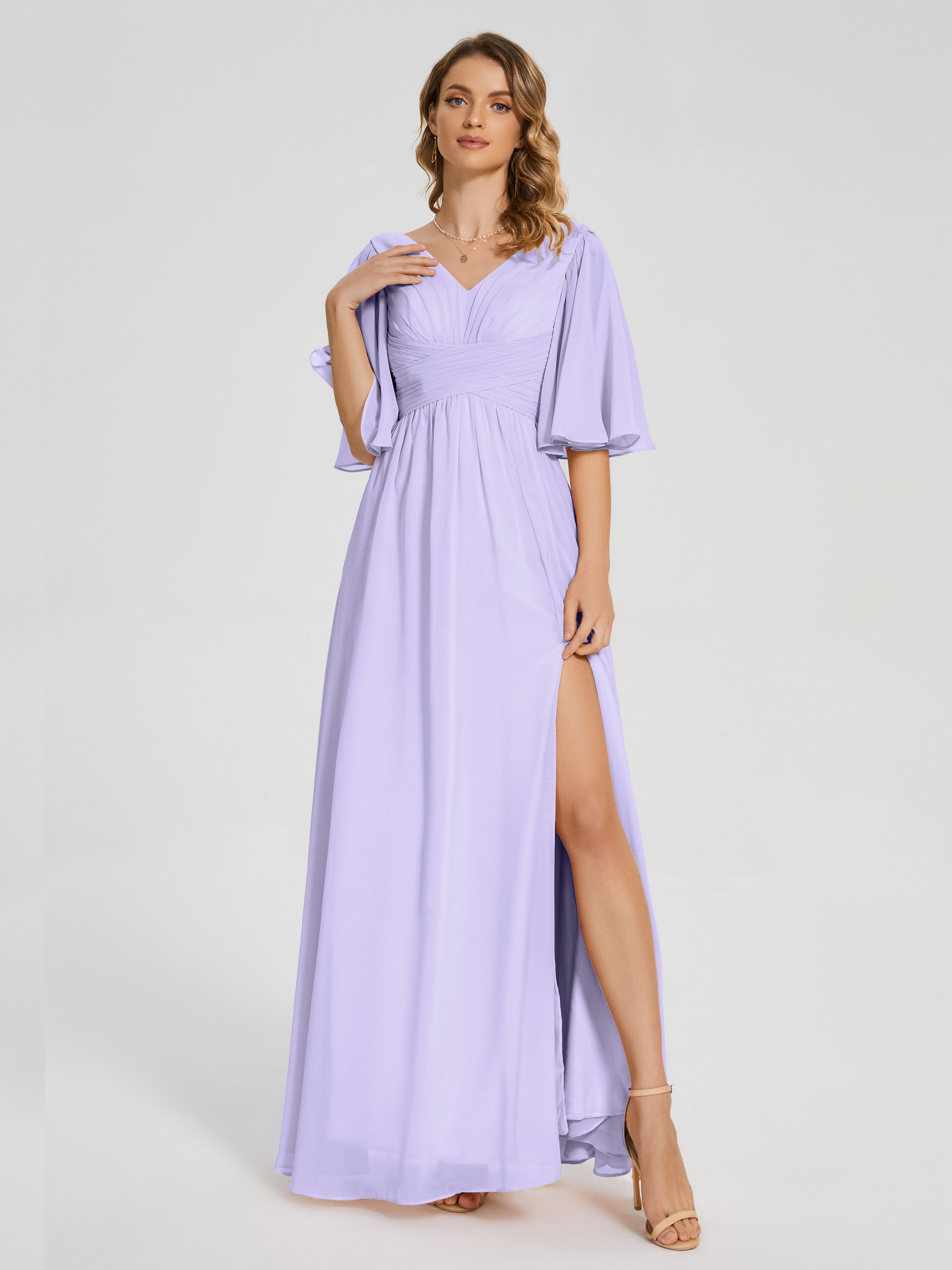 Robe Demoiselle D Honneur Couleur Lilas Demi Manches Fendue Mousseline Robes Demoiselle D'Honneur