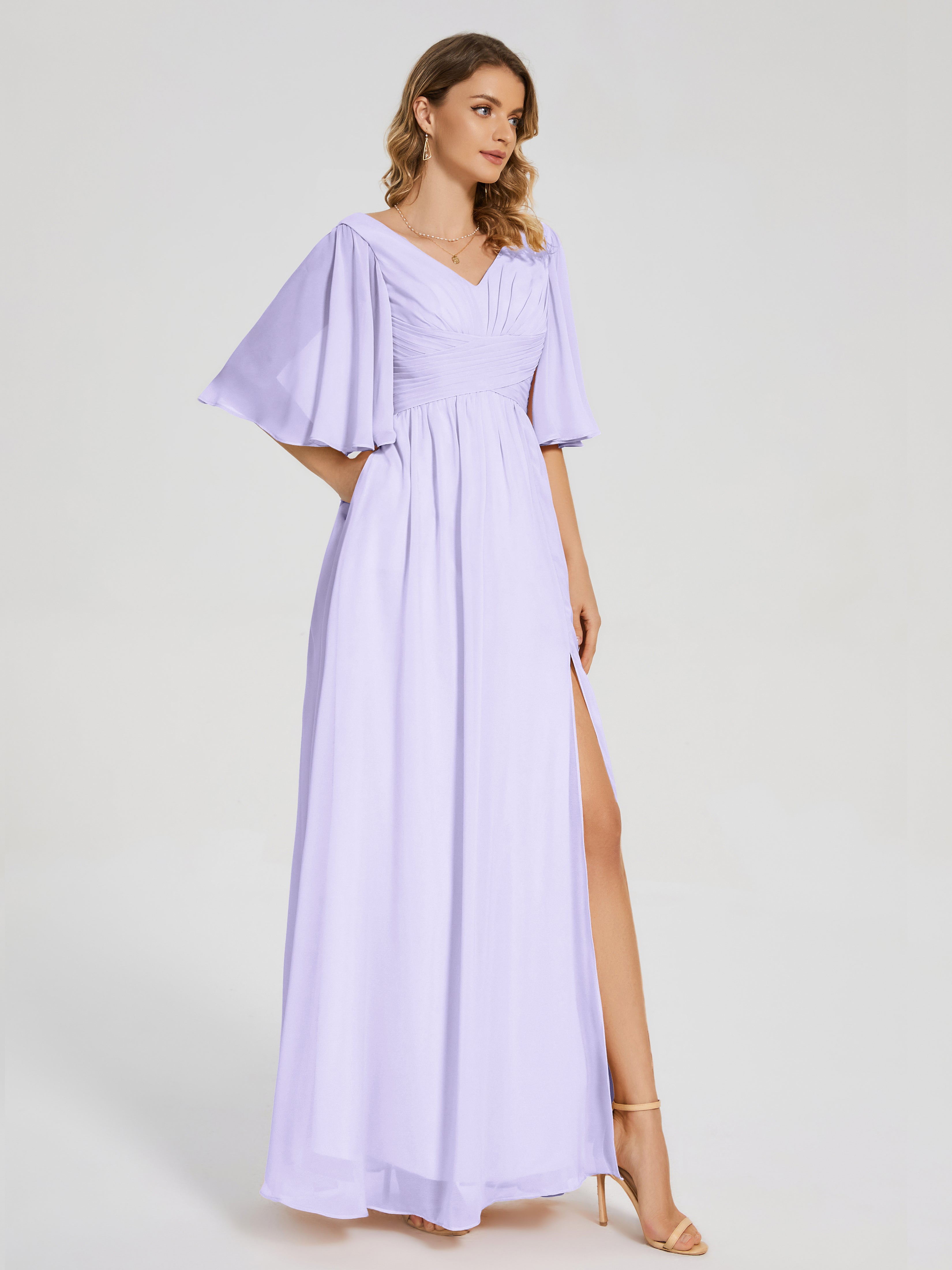 Robe Demoiselle D Honneur Couleur Lilas Demi Manches Fendue Mousseline Robes Demoiselle D'Honneur