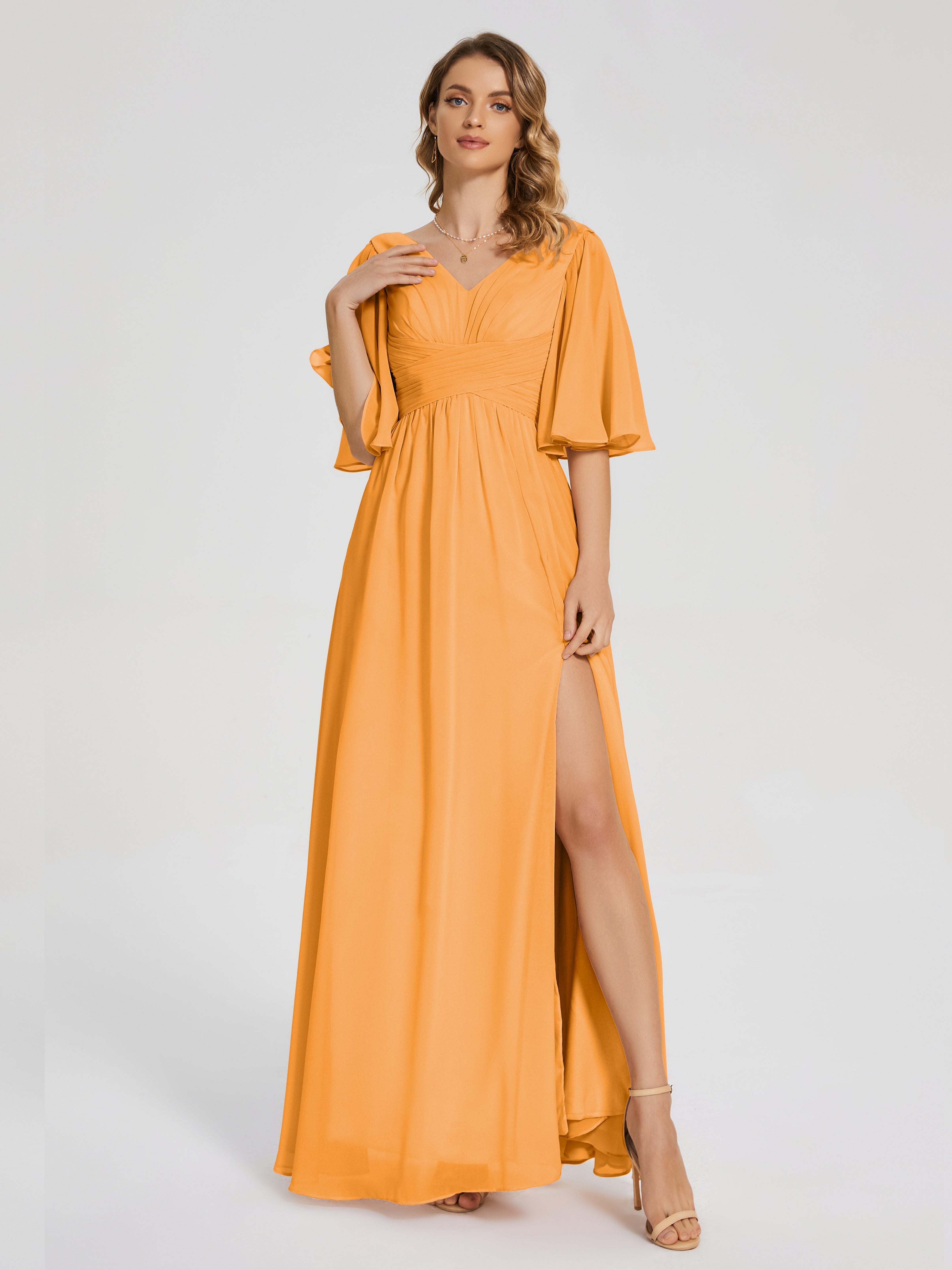Robes De Demoiselle D'Honneur Mandarine Demi Manches Fendue Mousseline Robes Demoiselle D'Honneur