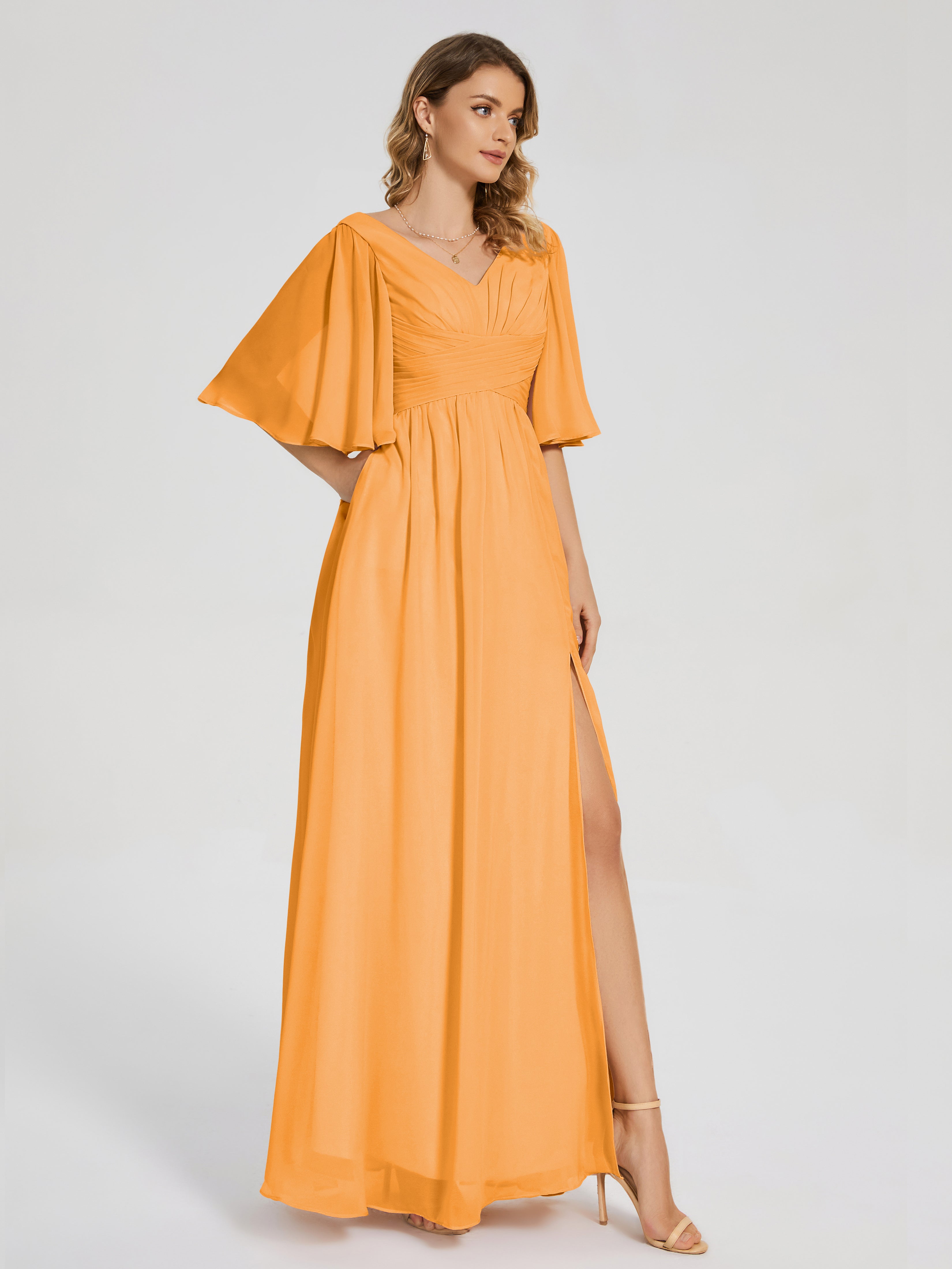 Robes De Demoiselle D'Honneur Mandarine Demi Manches Fendue Mousseline Robes Demoiselle D'Honneur