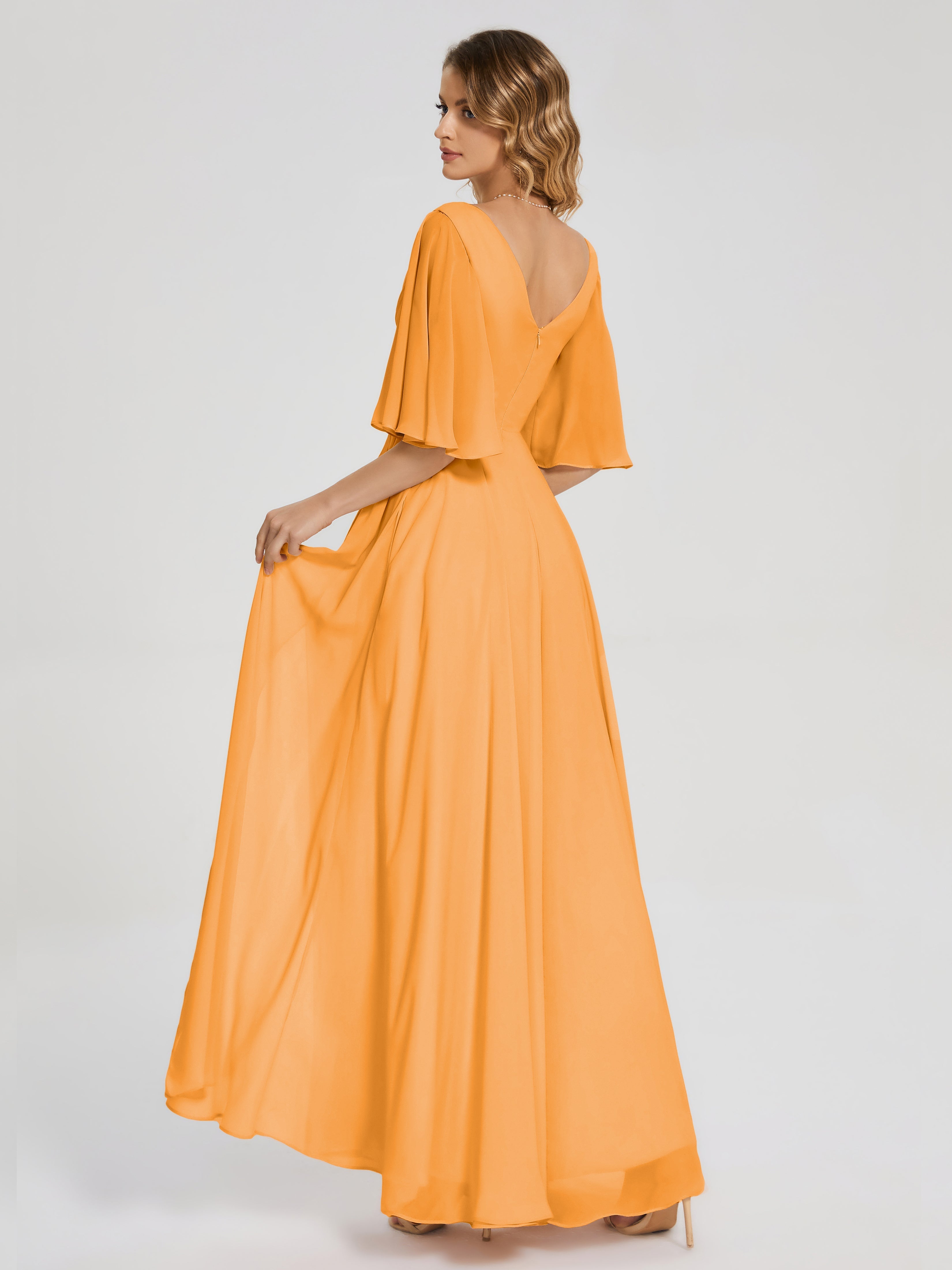 Robes De Demoiselle D'Honneur Mandarine Demi Manches Fendue Mousseline Robes Demoiselle D'Honneur