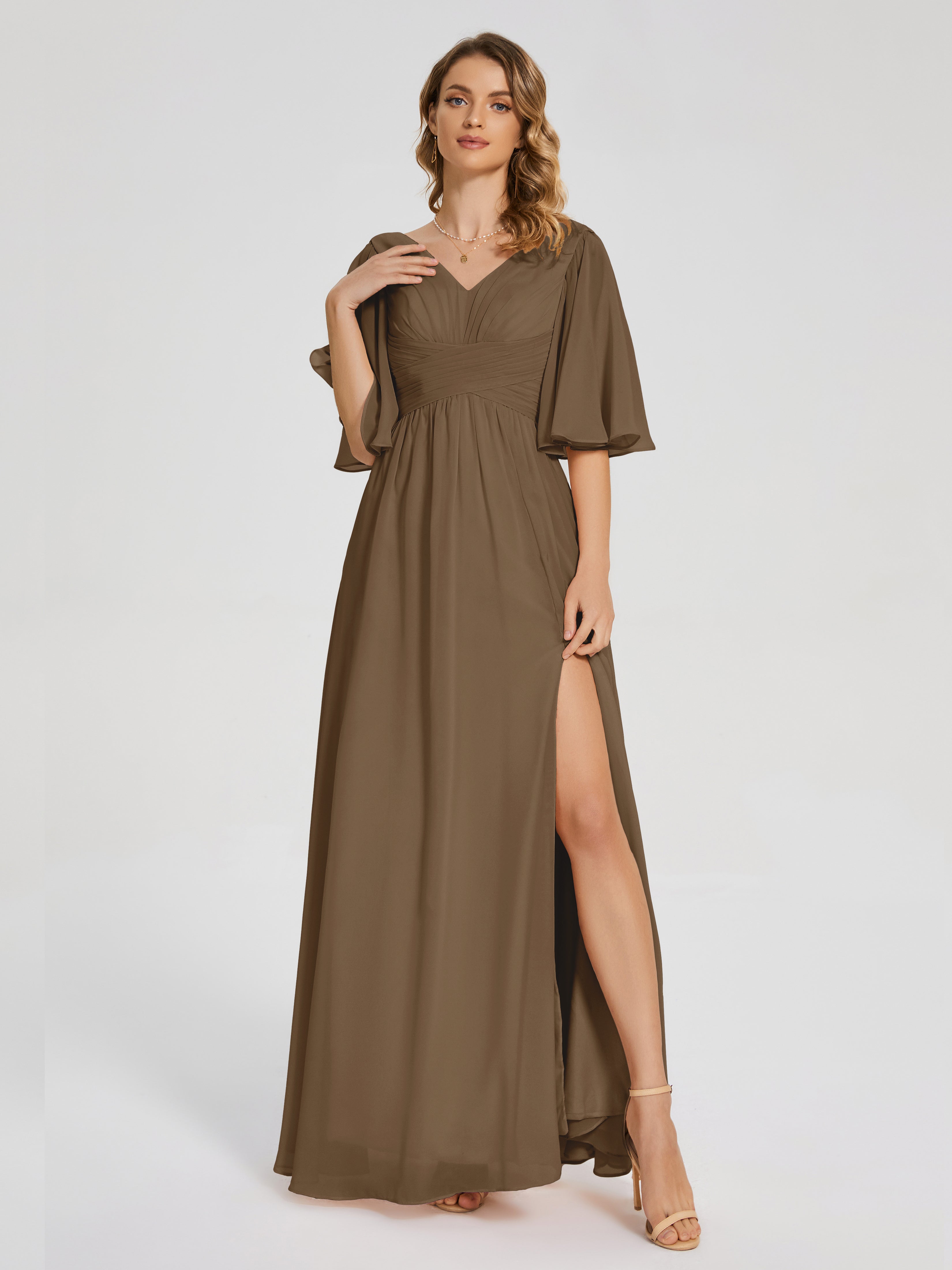 Robe Demoiselle D Honneur Moka Demi Manches Fendue Mousseline Robes Demoiselle D'Honneur