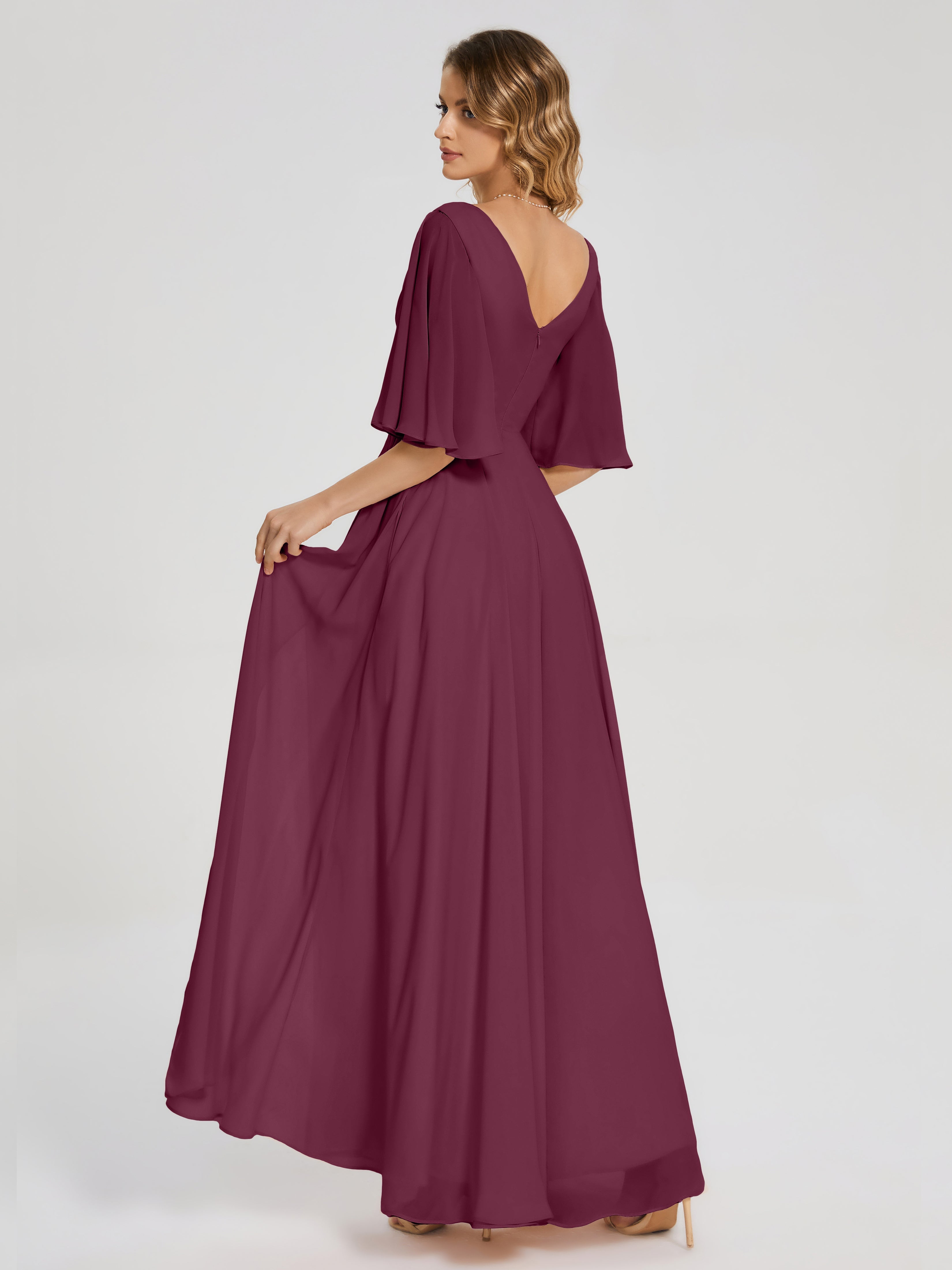 Robes De Demoiselle D'Honneur Mûre Demi Manches Fendue Mousseline Robes Demoiselle D'Honneur