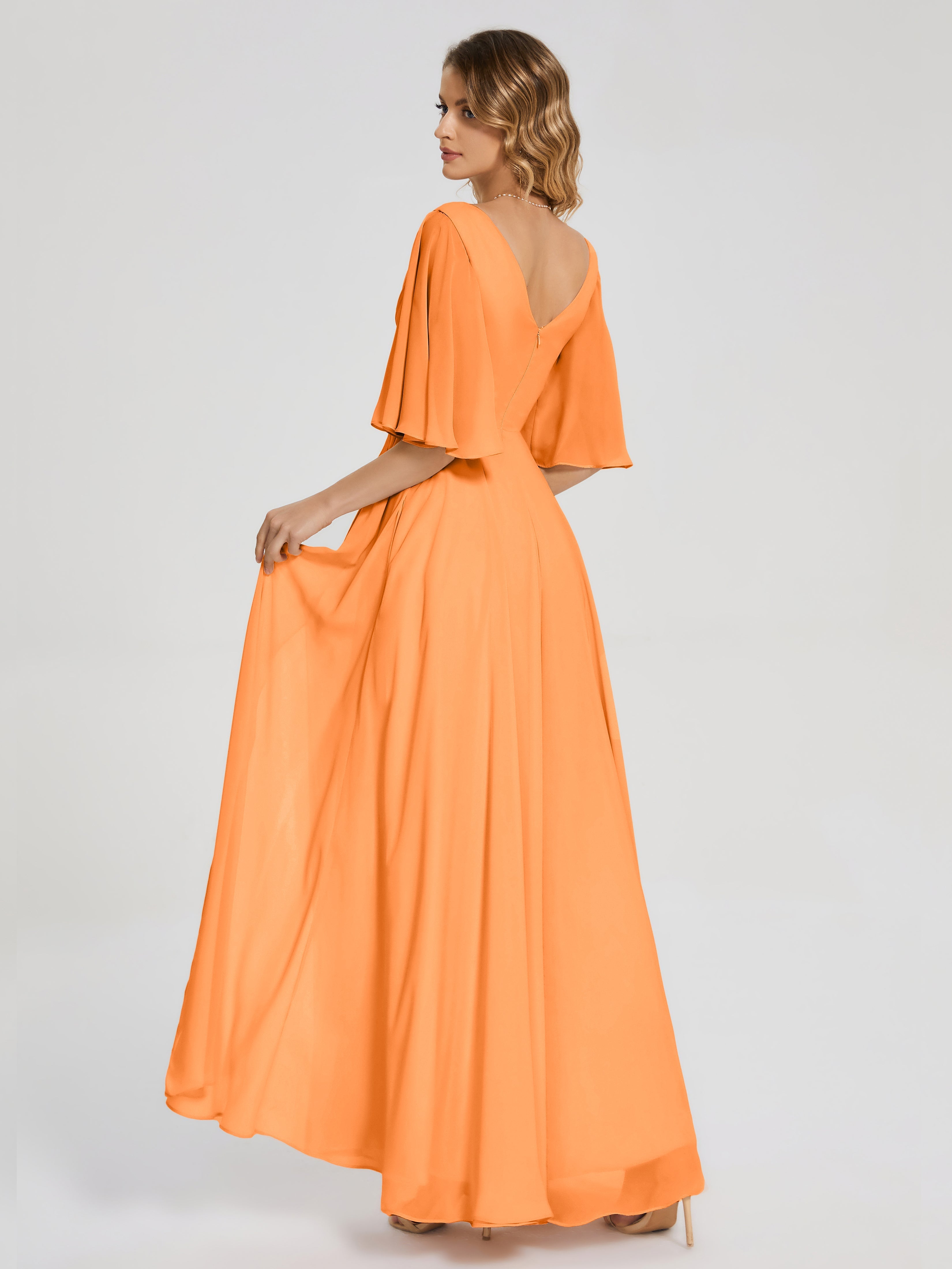 Demoiselle Dhonneur Robe Orange Demi Manches Fendue Mousseline Robes Demoiselle D'Honneur