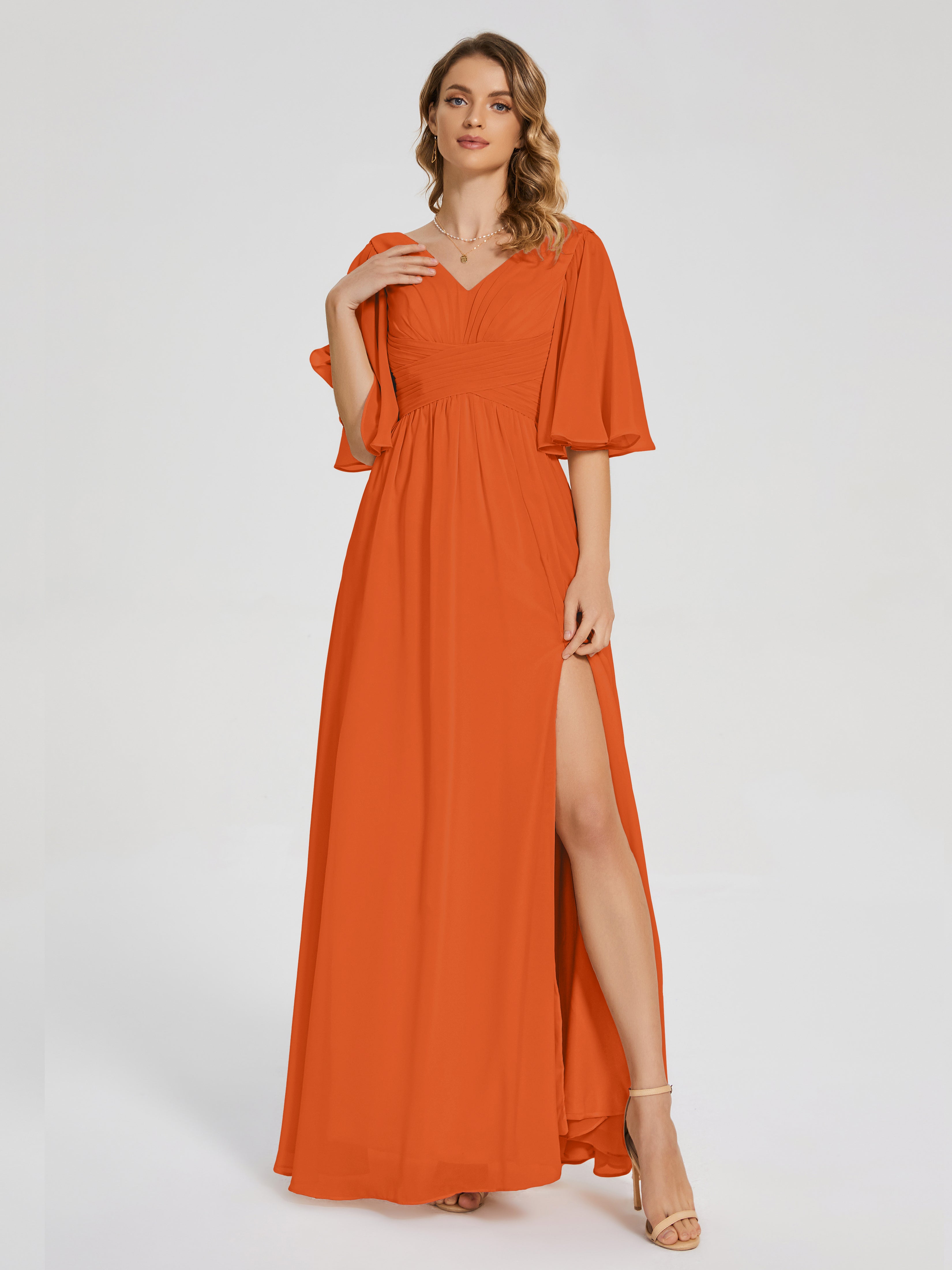 Robes De Demoiselle D'Honneur Orange Foncé Demi Manches Fendue Mousseline Robes Demoiselle D'Honneur