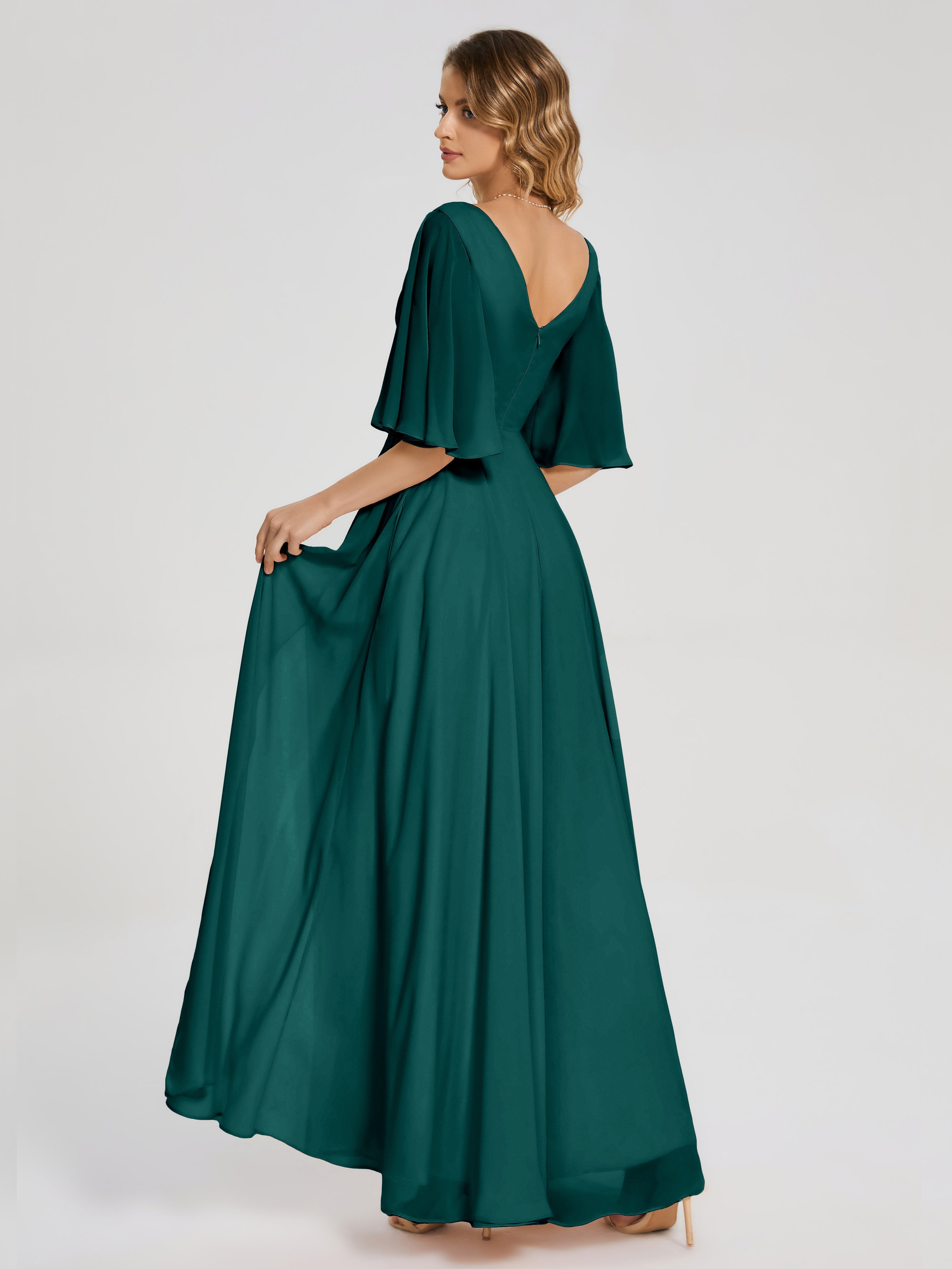 Robes De Demoiselle D'Honneur Bleu Paon Demi Manches Fendue Mousseline Robes Demoiselle D'Honneur