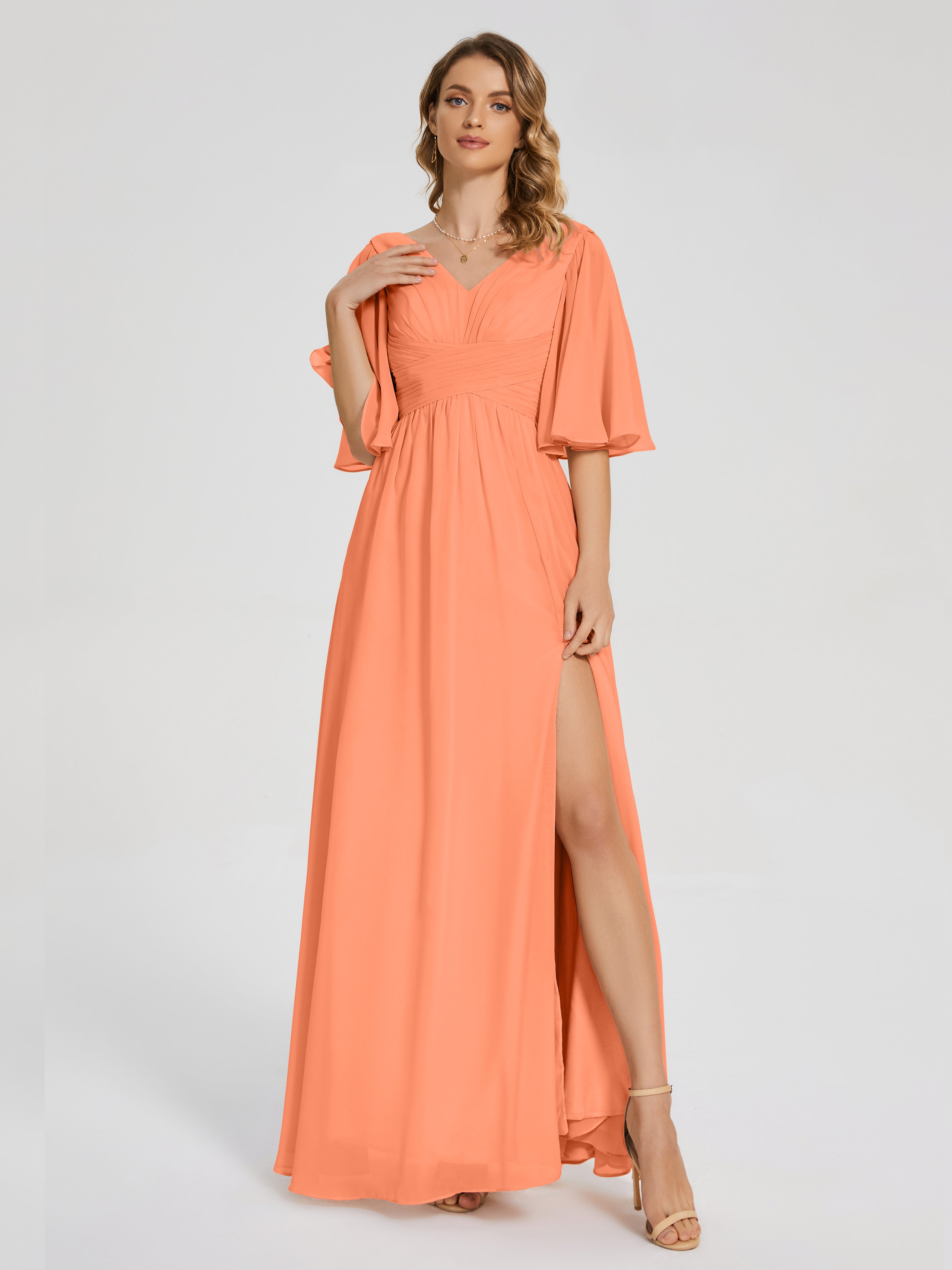 Robes De Demoiselle D'Honneur Papaye Demi Manches Fendue Mousseline Robes Demoiselle D'Honneur
