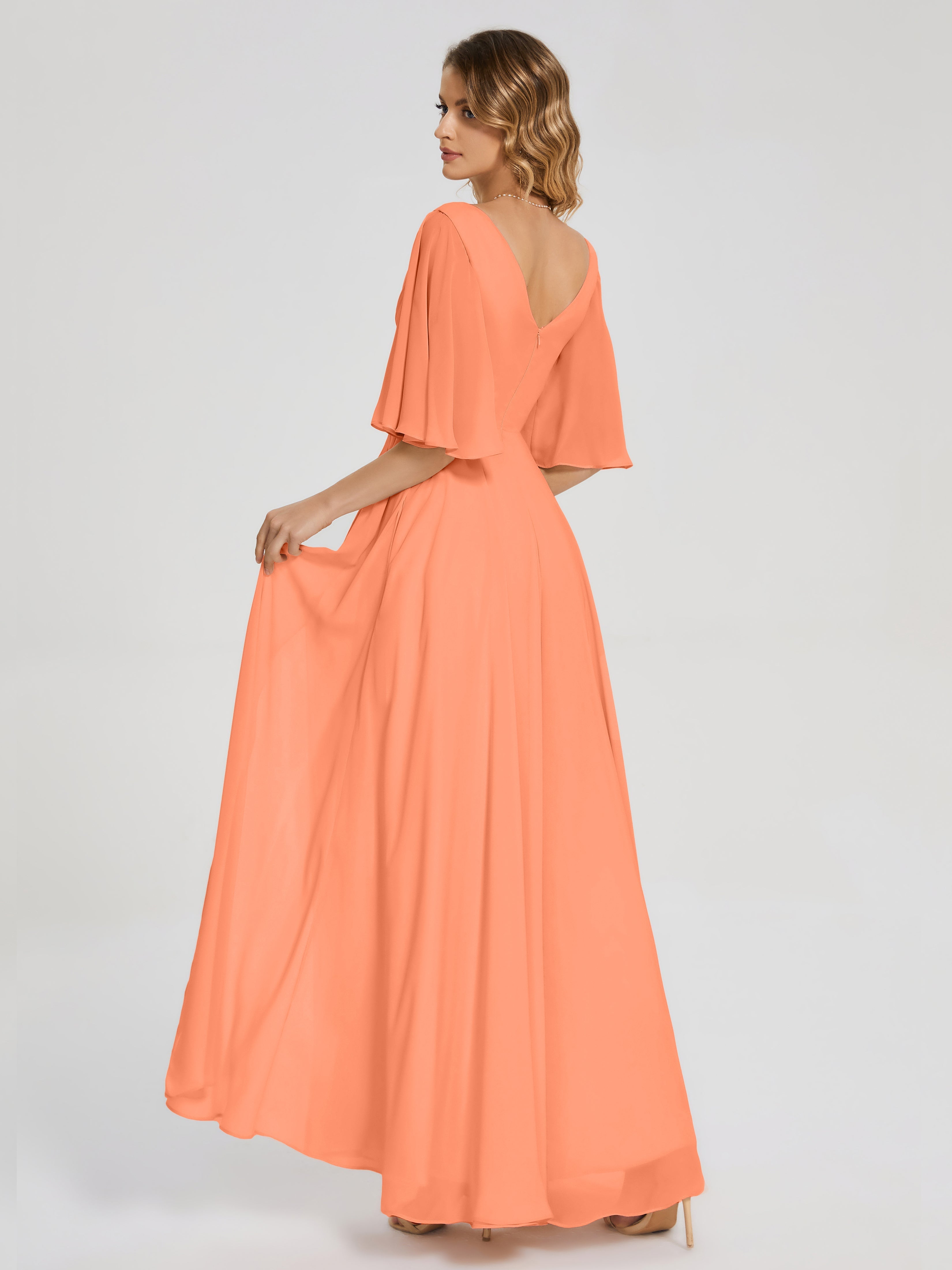 Robes De Demoiselle D'Honneur Papaye Demi Manches Fendue Mousseline Robes Demoiselle D'Honneur
