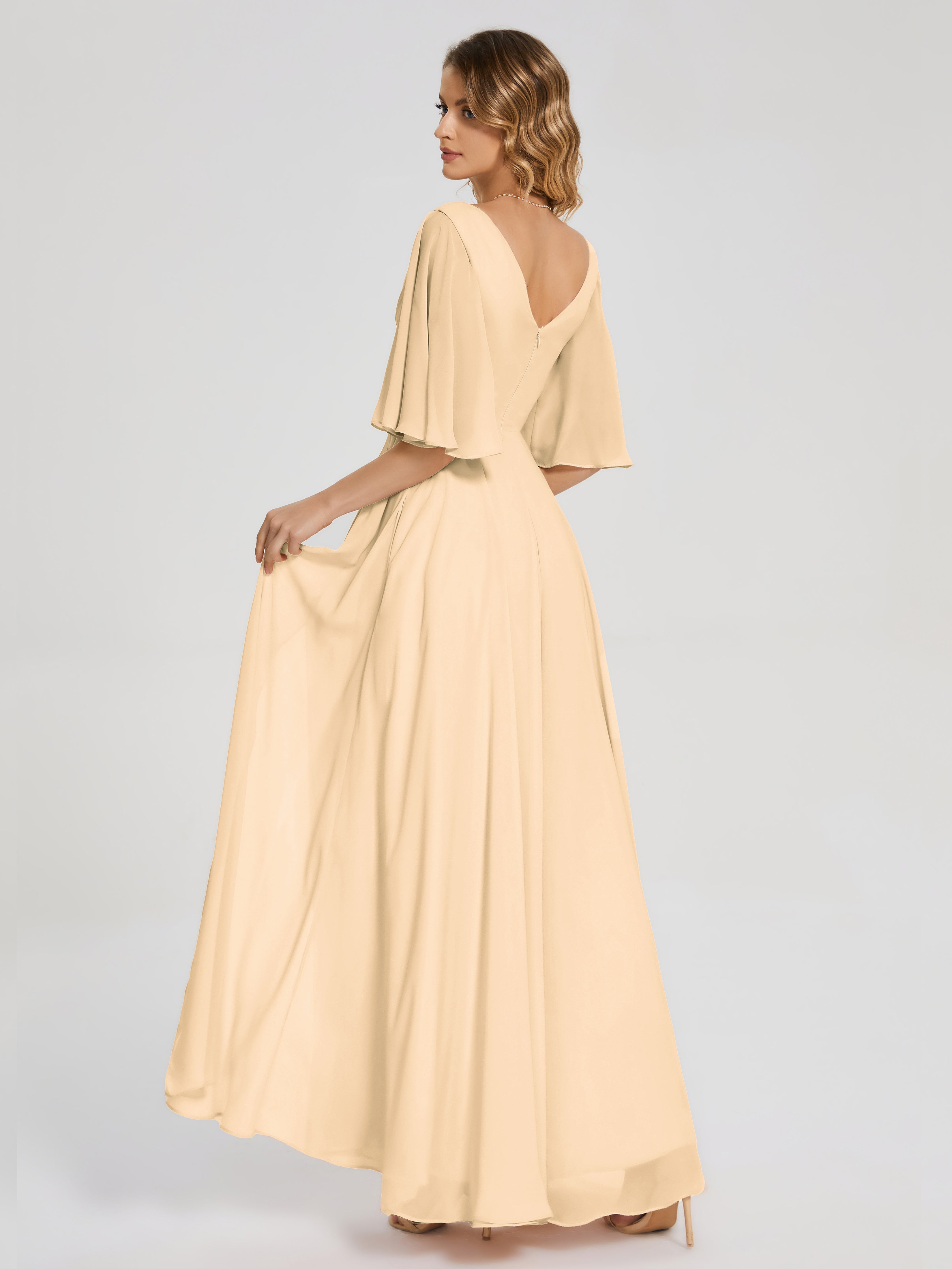 Robe Peche Demoiselle D Honneur Demi Manches Fendue Mousseline Robes Demoiselle D'Honneur