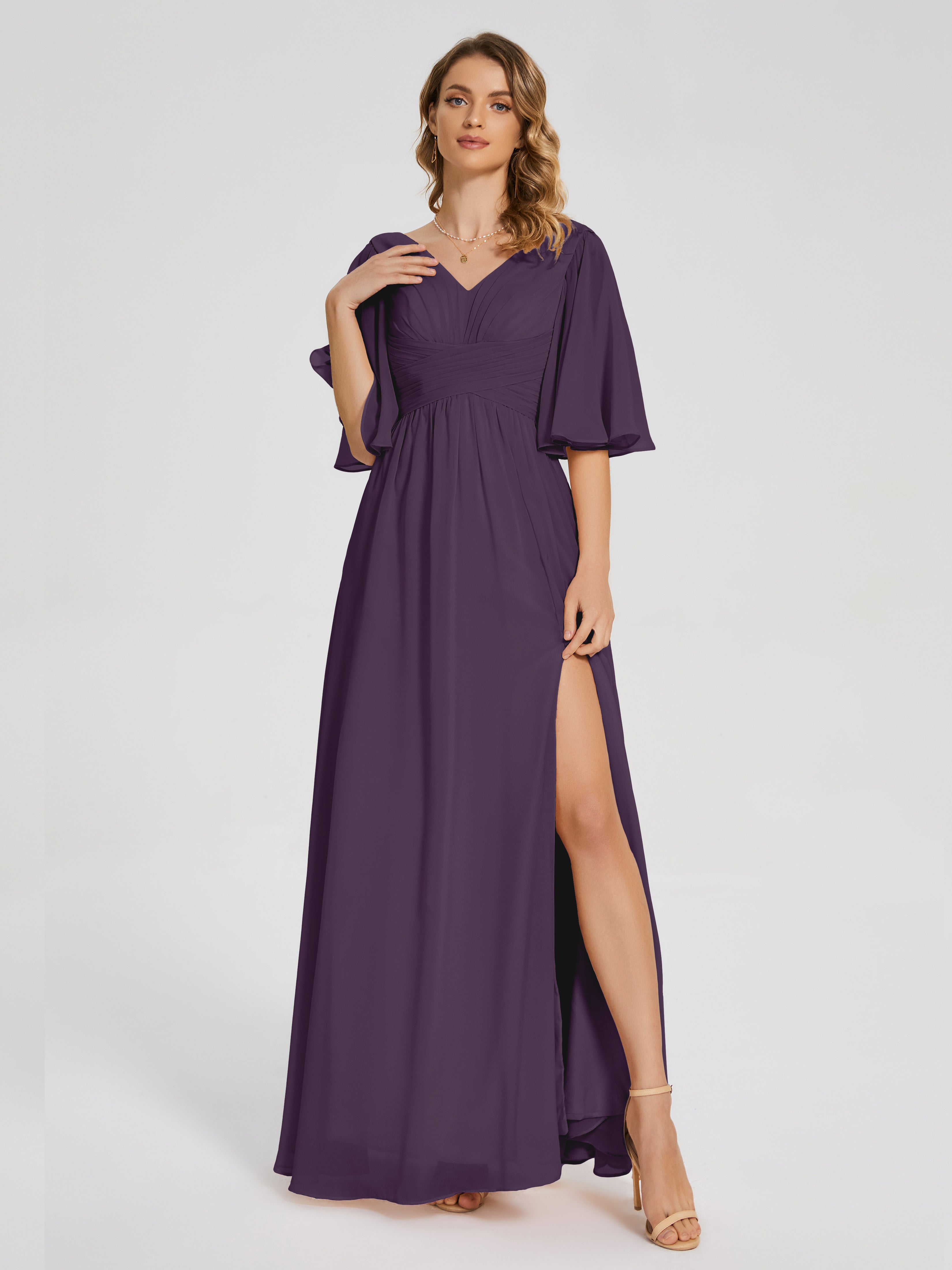 Robe Demoiselle D Honneur Plume Demi Manches Fendue Mousseline Robes Demoiselle D'Honneur