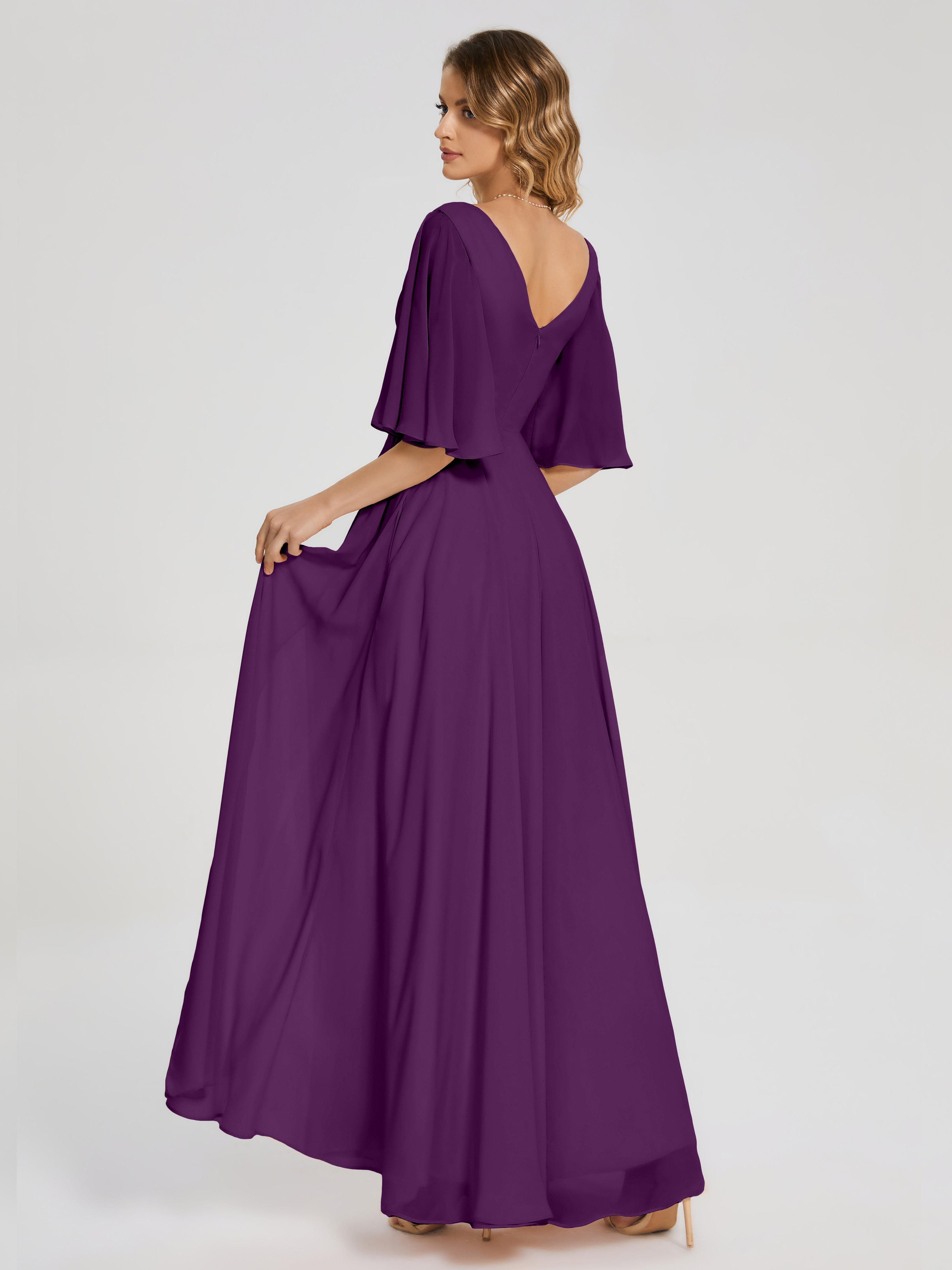 Robes De Demoiselle D'Honneur En Raisin Demi Manches Fendue Mousseline Robes Demoiselle D'Honneur