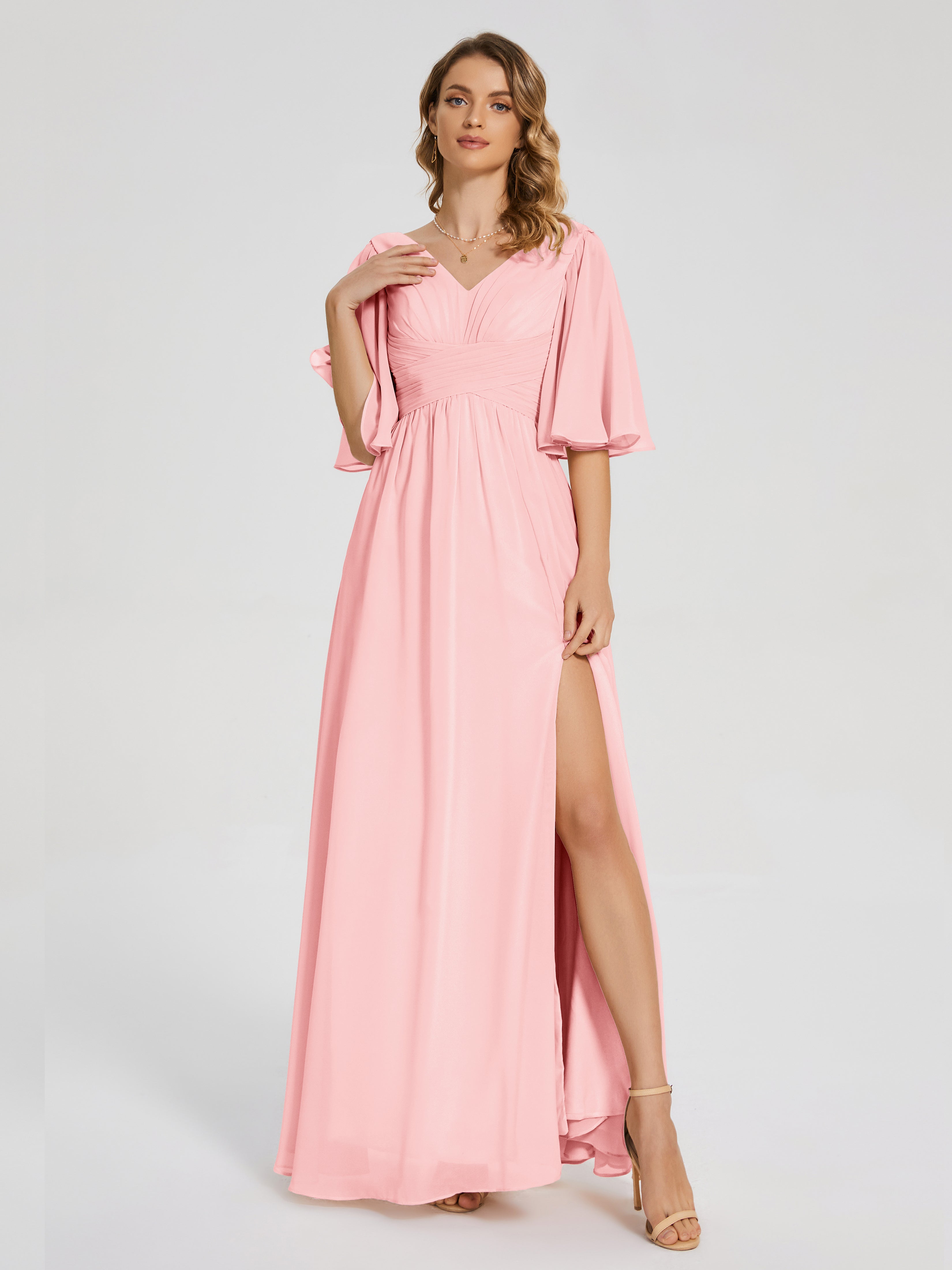 Robes De Demoiselle D'Honneur Rose Poussiéreux Demi Manches Fendue Mousseline Robes Demoiselle D'Honneur