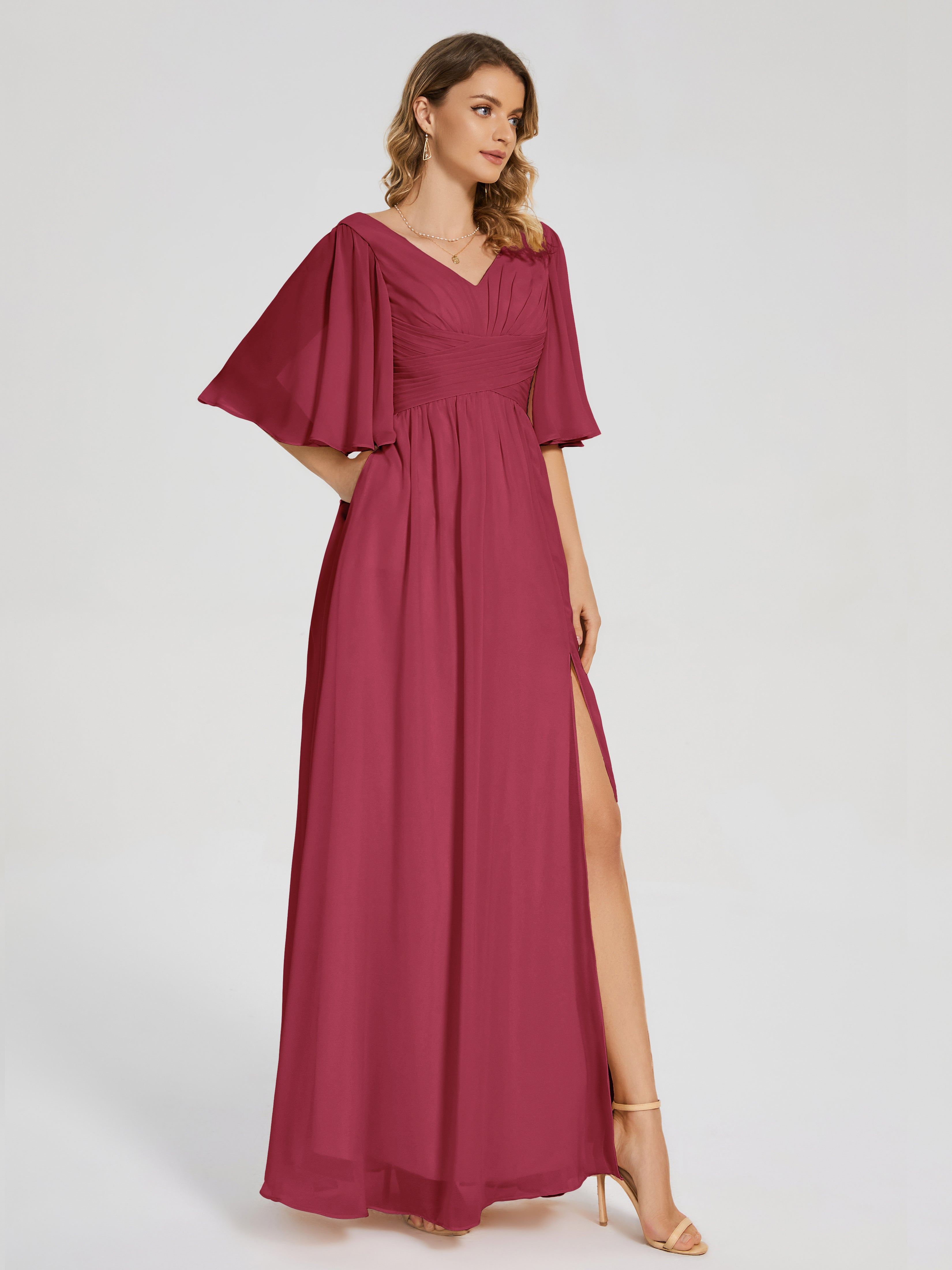 Robe Demoiselle D Honneur Rose Cannelle Demi Manches Fendue Mousseline Robes Demoiselle D'Honneur