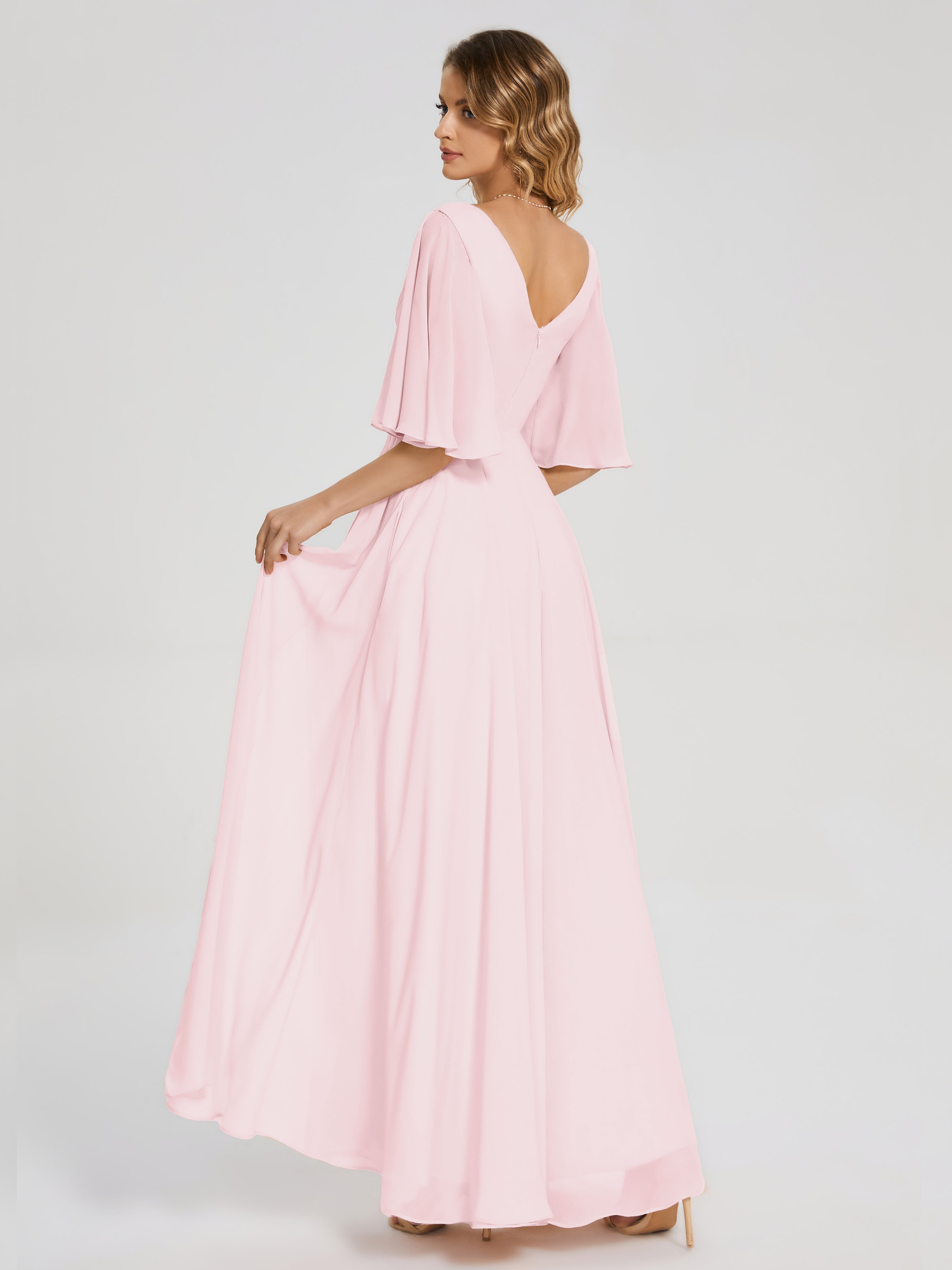 Robes Demoiselles D Honneur Rose Pale Demi Manches Fendue Mousseline Robes Demoiselle D'Honneur